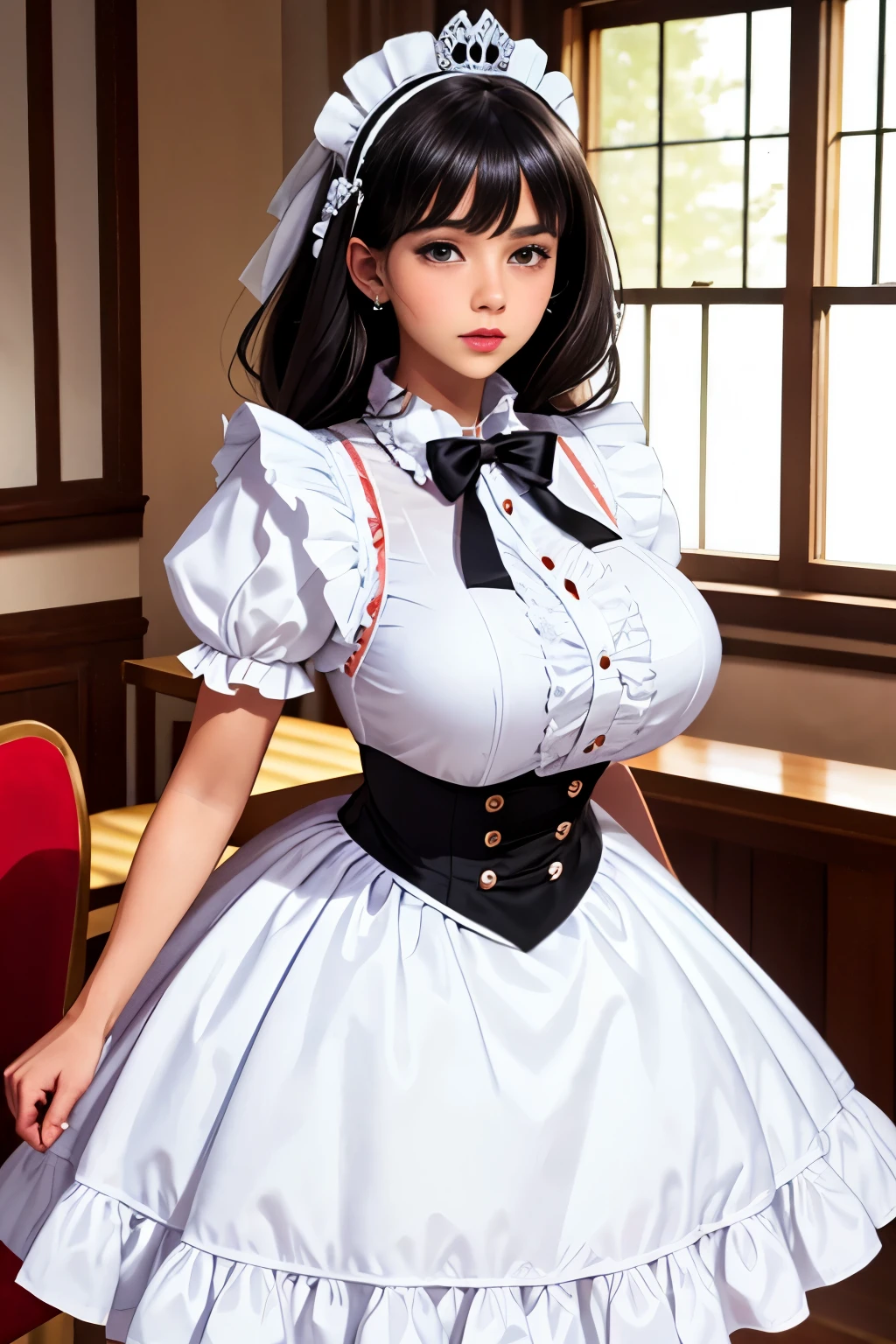  maid crown, (White shirt), frilly shirt, (white frilled apron), White short sleeves, puffy sleeves, ), arm cuffs, White ruffle collar with black collar, charming, teenager, long black hair, big breasts,classroom（（（masterpiece）））， （（best quality））， （（intricate details））， （（Surrealism））（8k）
