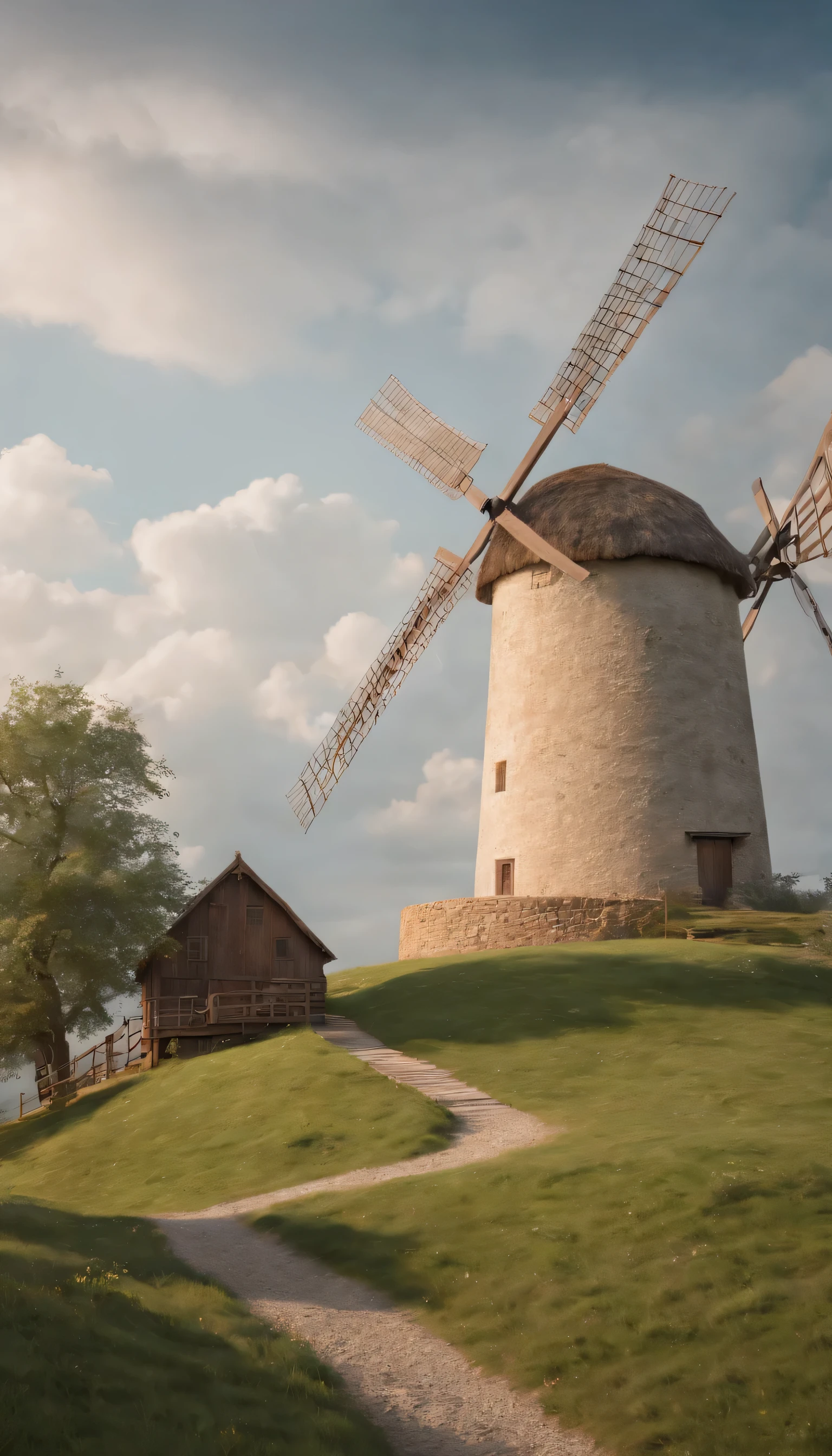 (Highly detailed CG Unity 8K wallpaper、masterpiece、highest quality、Super detailed)、(best lighting、best shadow、very delicate and beautiful)highest quality、8K、Detailed facial depiction、masterpiece、highest quality、clear image quality、A photo of a windmill built on a hill and the flow of clouds