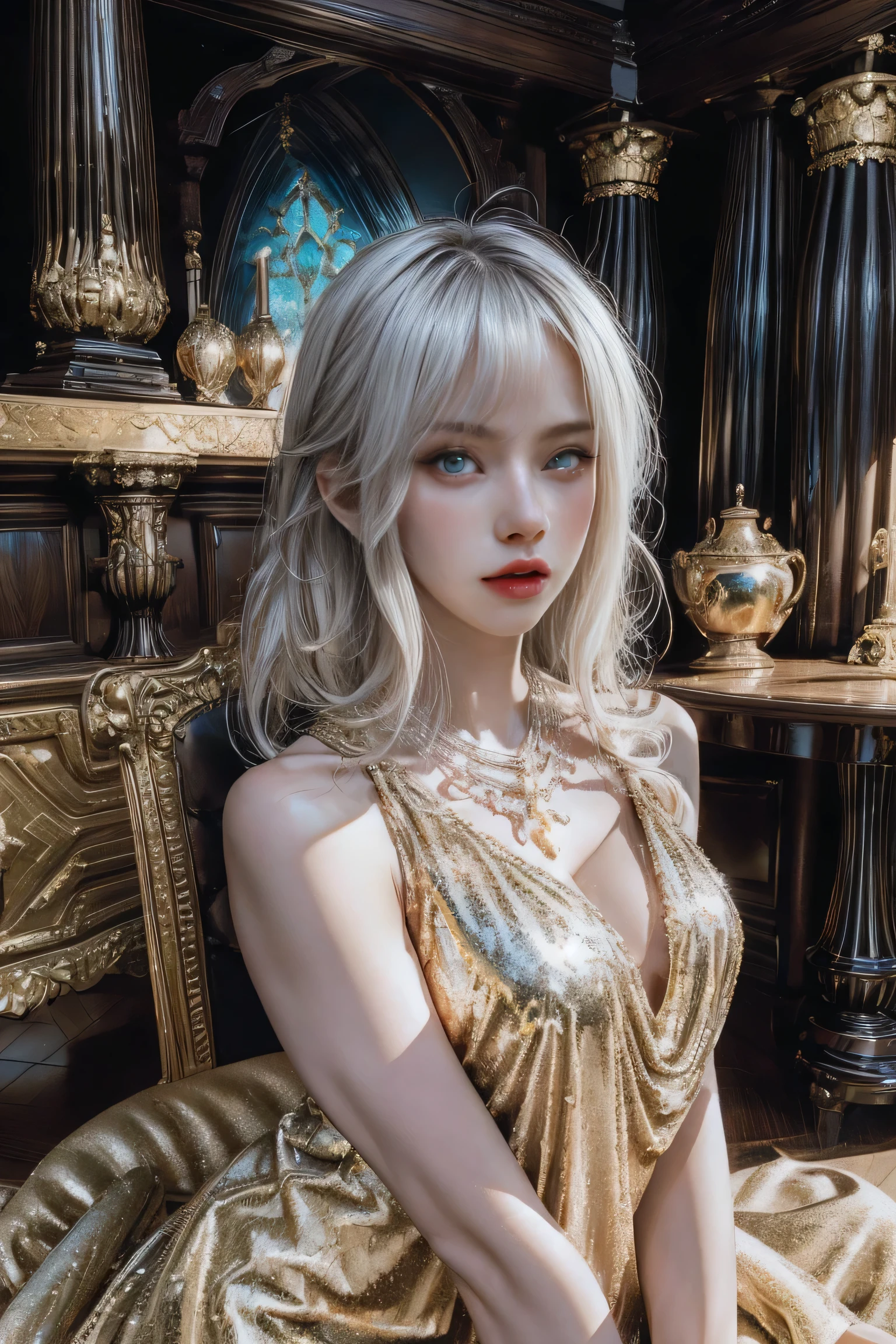 HD photos，lifelike，Ultra high resolution large files，8k high quality wallpaper，10x pixels，CG wallpaper，细节Clearlifelike，female portrait，Super fine，Super fine details：1.1，Advanced technical details：1.1，动态姿势美丽Sexy女人，一个Sexy，Royal sister style，Mixed-race females，Long white and silver hair，他有一头Long white and silver hair，Clearlifelike的头发，Clear的发丝，Delicate eyelash makeup，Be careful with your eyes and face，beautiful fine eyes，Thin eyebrows，Super fine致养眼性感大红唇，mature face，Exquisite face makeup，detailed facial work，, pretty face, Perfect face proportions,（Advanced facial details：1.1）perfect body shape，perfect body proportions，rough numbers，mannequin，一系列shining液体金色奢华礼服，Light gold sequin dress，sequined jacket，shining，tight long skirt，Summer sexy hip-hugging fishtail sleeveless commuter maxi skirt，Horse socks 100%Oil Pastel Tray Glossy Silk Surface 8D Black Silk Women&#39;s，High heel，Beautiful long dress，Wonderful DRESRIGHT light golden red series，High fashion clothing series，dress photography，Authentic clothing items，Slim，Sexy，jewelry，necklace，ear nipple ring，bracelet，indoor background，In the banquet hall，Women's artwork，Full body video dressed，Reality感，amazing (Egiosar:1)（Korean Idol face）Adult photography，Light gold series，Bright red satin dress，Reality摄影，Reality、Clear，fashion art，dress goddess，Women's artwork，full body view，fantasy art，First class boutique，High level of detail engineering
