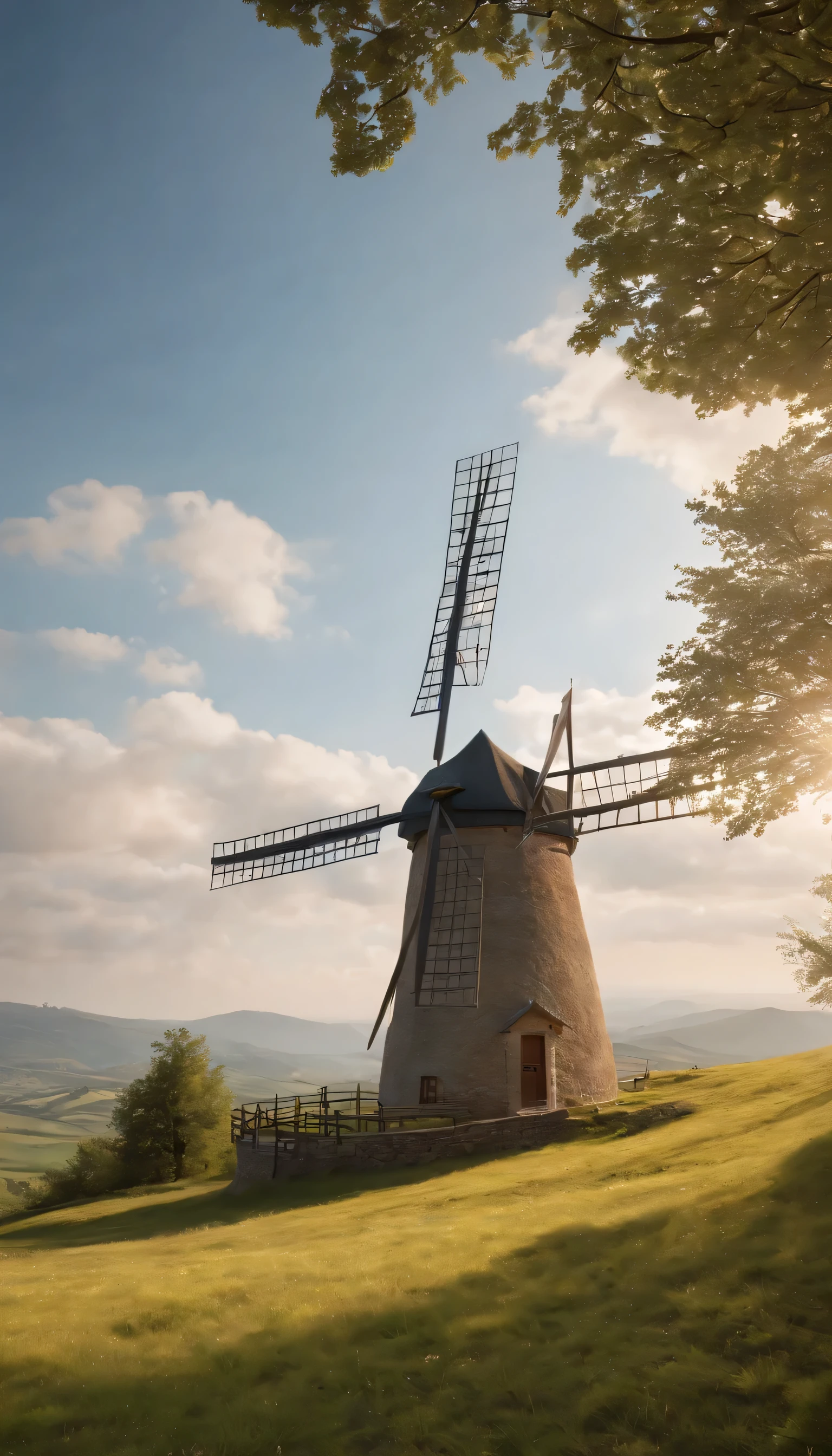 (Highly detailed CG Unity 8K wallpaper、masterpiece、highest quality、Super detailed)、(best lighting、best shadow、very delicate and beautiful)highest quality、8K、Detailed facial depiction、masterpiece、highest quality、clear image quality、A photo of a windmill built on a hill and the flow of clouds