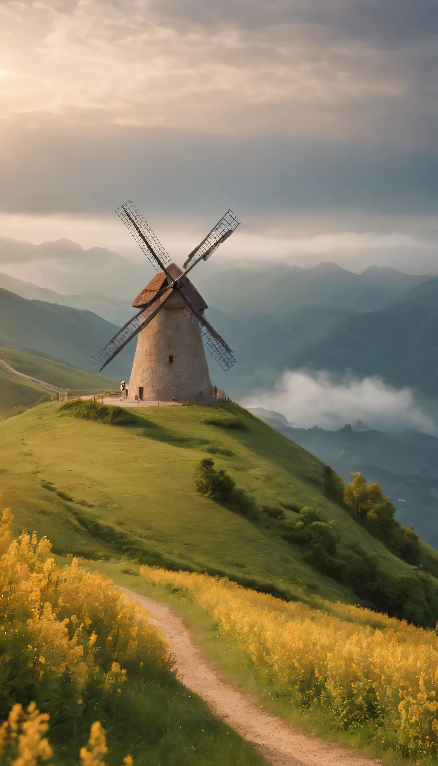 (Highly detailed CG Unity 8K wallpaper、masterpiece、highest quality、Super detailed)、(best lighting、best shadow、very delicate and beautiful)highest quality、8K、Detailed facial depiction、masterpiece、highest quality、clear image quality、A photo of a windmill built on a hill and the flow of clouds