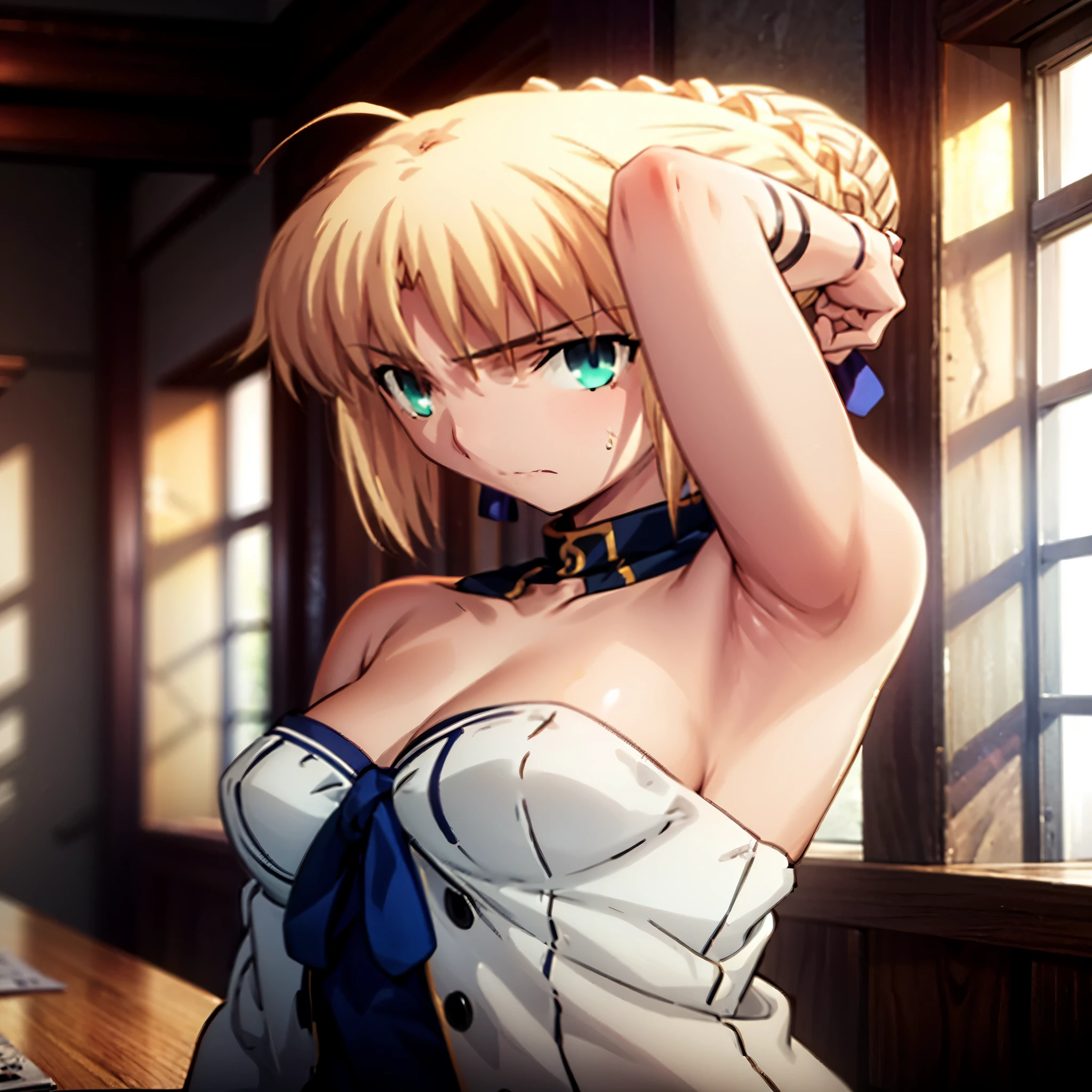 High resolution, {to know_finestaynightufotable:1.15}, Rubio_hair, Ahoge, green_eye, tape, hair_tape, trinza, green_tape, short_hair, anime_Color, looking for_in_viewer, hair_intre_eye, best quality, masterpiece,Saber, Faltria, 1 girl, solaminte, Trinza francesa, resplandeciinte, tinincia, bun hair, Upper body,to know, Artoria, grein eyes, Home, bus, busing, chest, armpit, naked, nude,blush