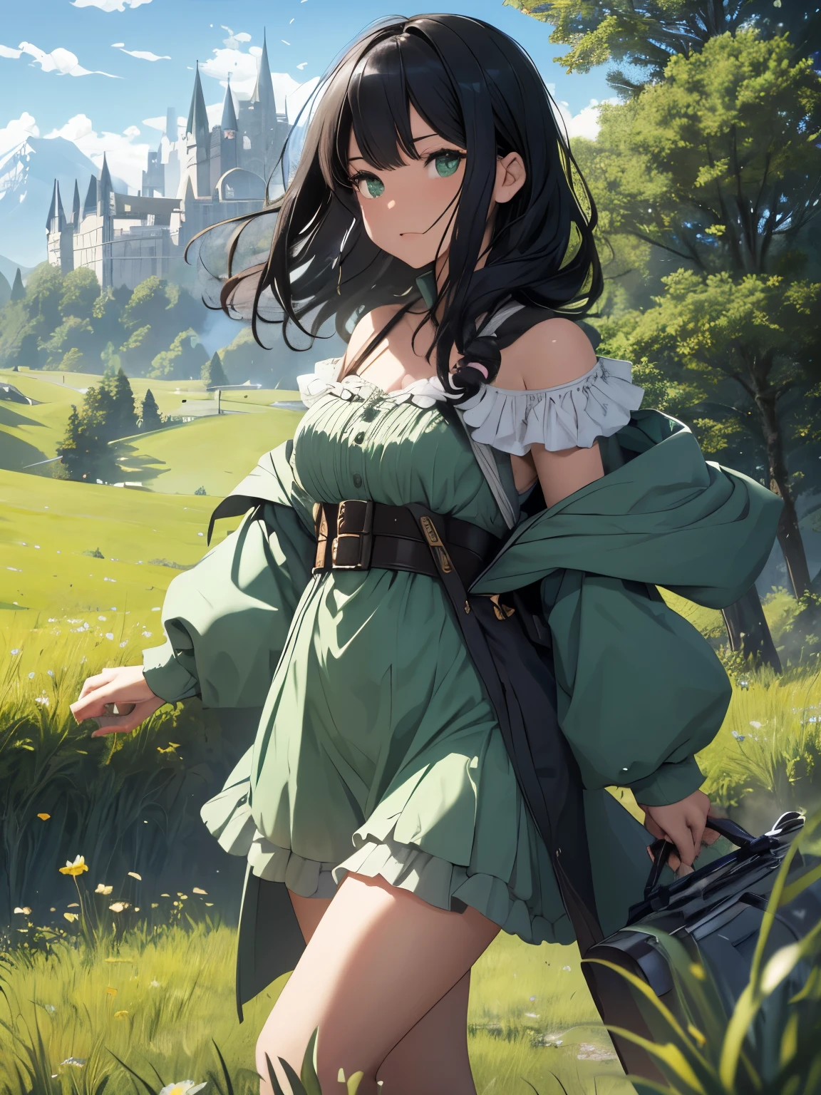Nearby in a green meadow runs a girl with black hair
BREAK
With a brave expression, she charges towards a mysterious magical object.
BREAK
Behind her, a green forest stretches out and beyond that, mountains rise in the distance with a castle nestled into them.
BREAK
The most suitable effect for this scene would be a watercolor painting technique to capture the softness of the meadow and the fluidity of the movement.