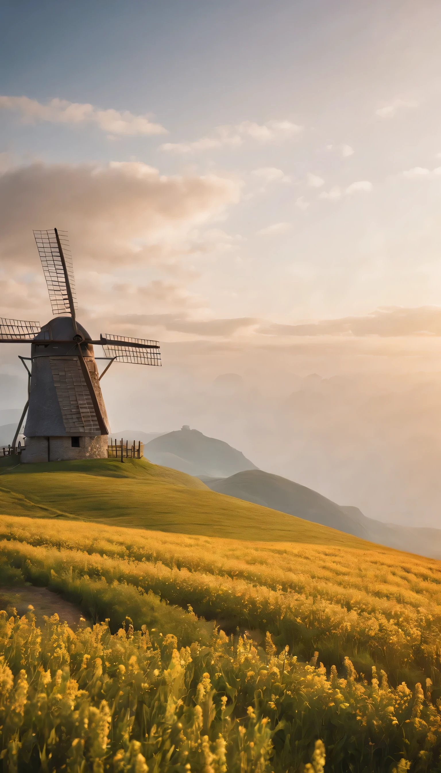 (Highly detailed CG Unity 8K wallpaper、masterpiece、highest quality、Super detailed)、(best lighting、best shadow、very delicate and beautiful)highest quality、8K、Detailed facial depiction、masterpiece、highest quality、clear image quality、A photo of a windmill built on a hill and the flow of clouds