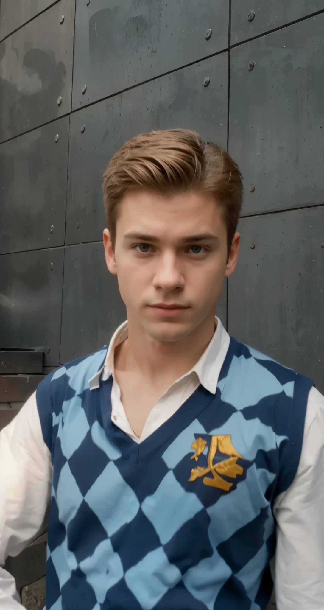 Real life adaption of this character , American boy face, cool expression,same hair, man body,(realistic same outfit),realistic same background , realistic light, realistic shadow, realism, hyper realistic,(photorealistic:1.2), normal small eyes, normal hand,
