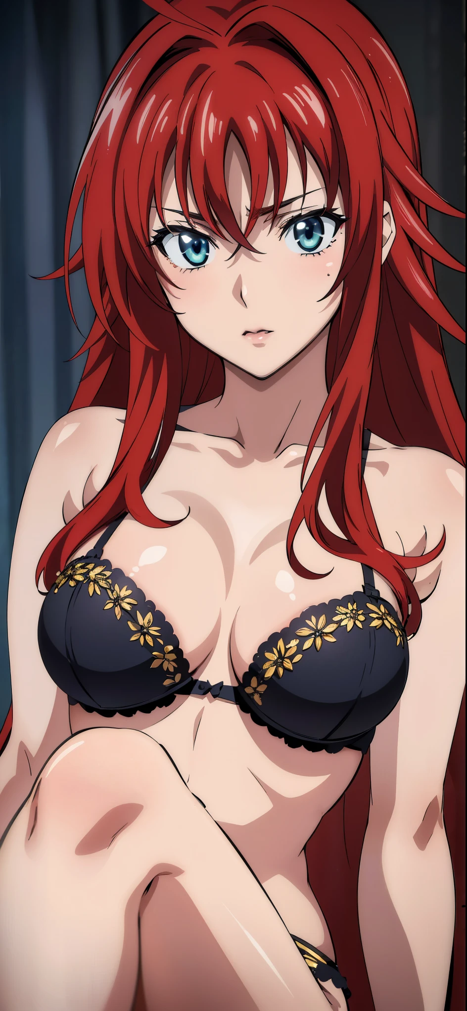 (best quality,absurdly detailed:1.2), (ultra-detailed, photo-realistic:1.37), 1girl, solo, Rias Gremory, bra, looking at viewer, blushed, (extremely detailed eyes:1.1), healthy skin, medium breasts, (vivid colors:1.1), (studio lighting:1.1), (sharp focus:1.1)