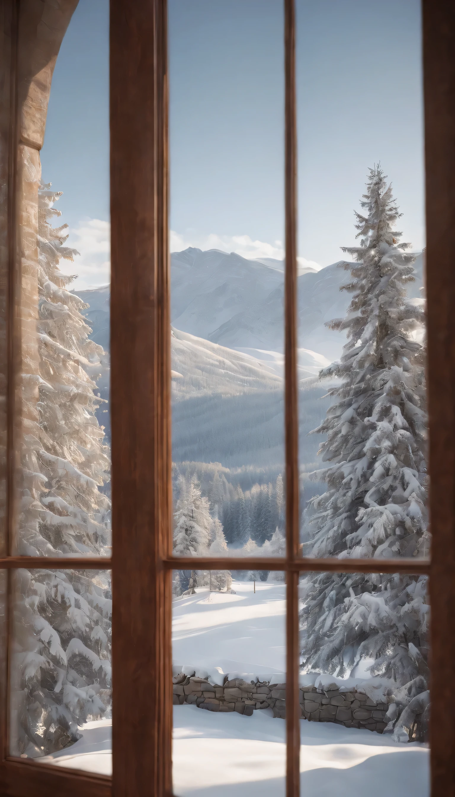 (Highly detailed CG Unity 8K wallpaper、masterpiece、highest quality、Super detailed)、(best lighting、best shadow、very delicate and beautiful)、highest quality、8K、Detailed facial depiction、masterpiece、highest quality、clear image quality、Photo of snowy scenery seen from the window