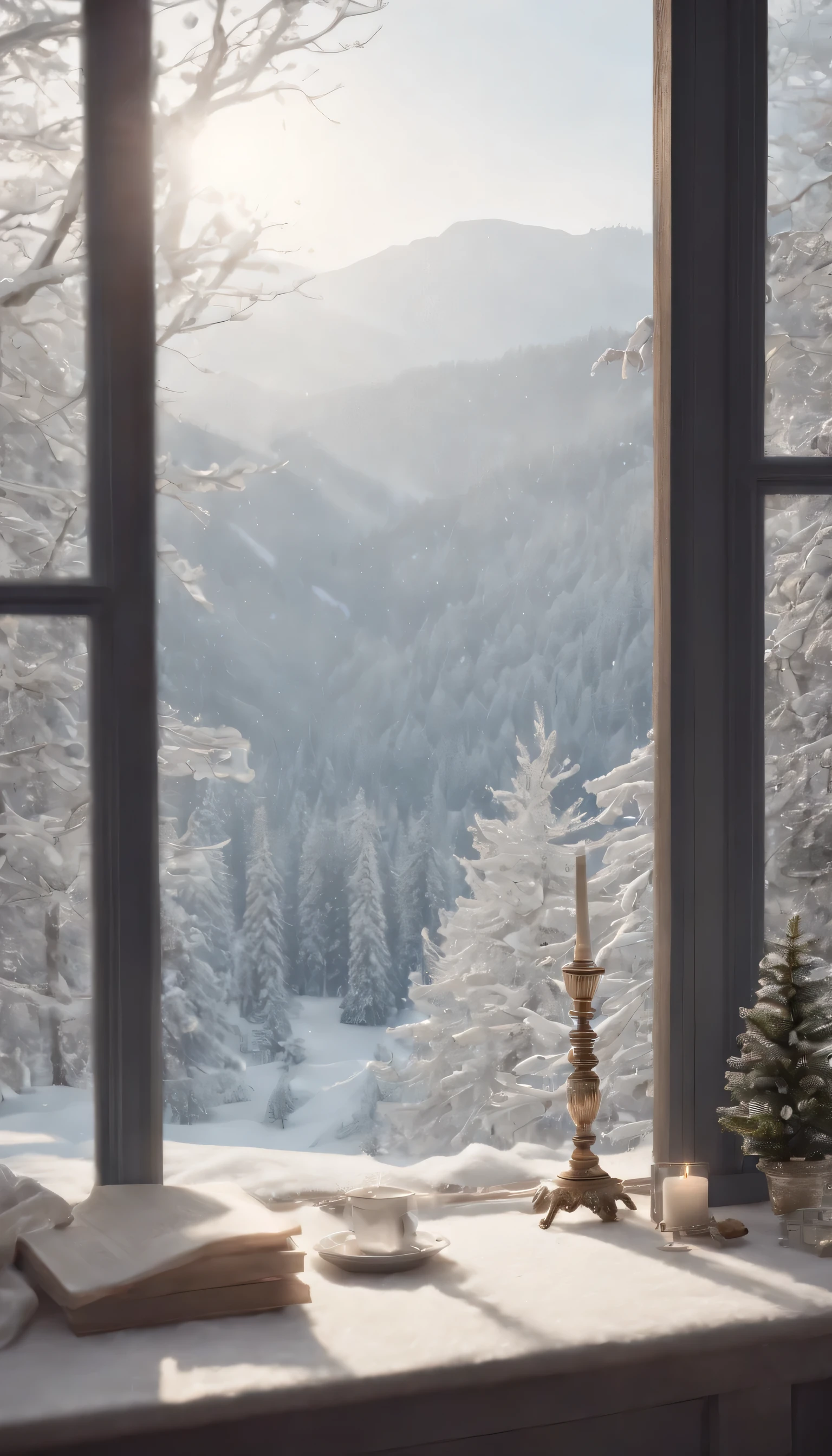 (Highly detailed CG Unity 8K wallpaper、masterpiece、highest quality、Super detailed)、(best lighting、best shadow、very delicate and beautiful)、highest quality、8K、Detailed facial depiction、masterpiece、highest quality、clear image quality、Photo of snowy scenery seen from the window