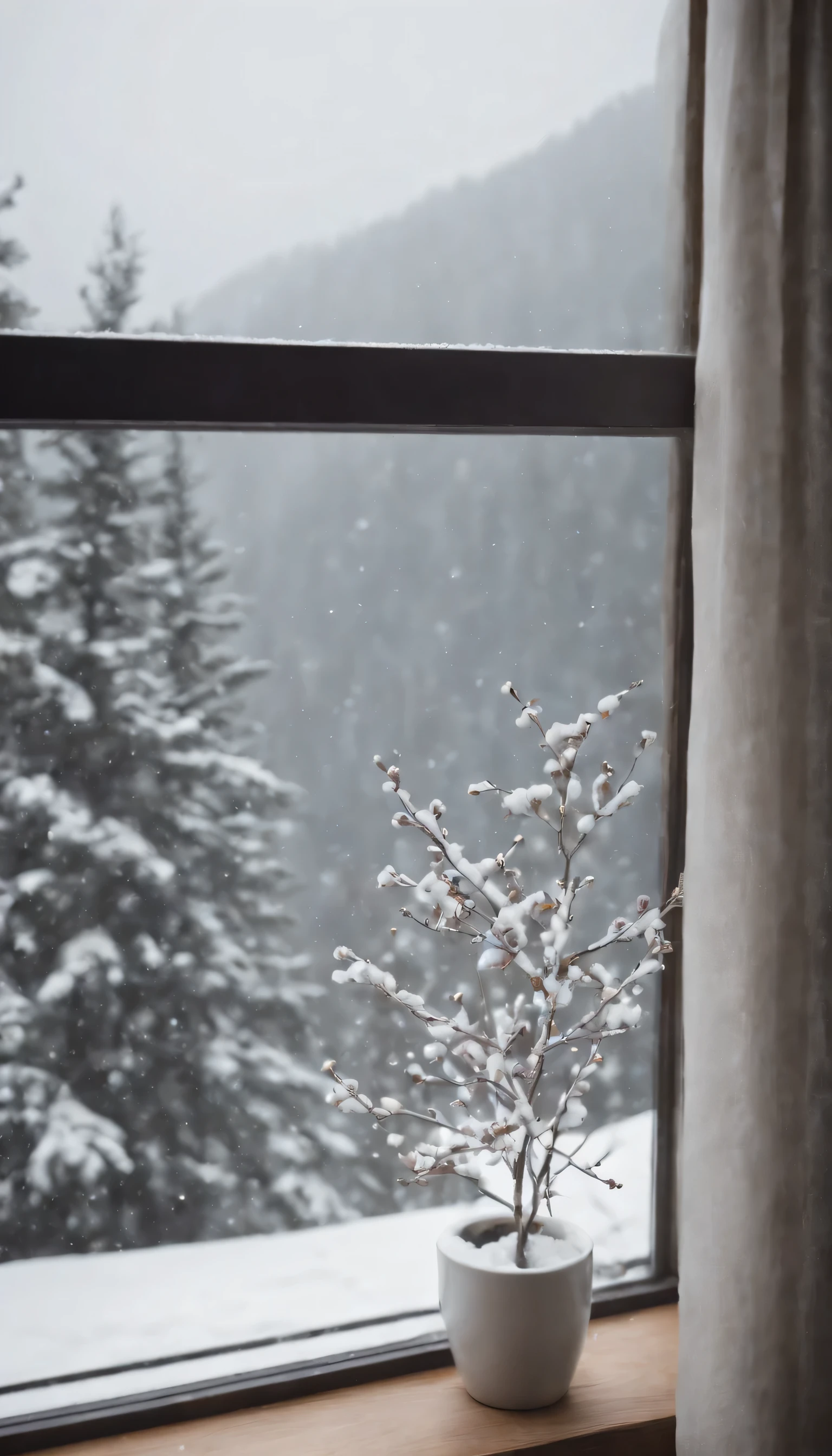 (Highly detailed CG Unity 8K wallpaper、masterpiece、highest quality、Super detailed)、(best lighting、best shadow、very delicate and beautiful)、highest quality、8K、Detailed facial depiction、masterpiece、highest quality、clear image quality、Photo of snowy scenery seen from the window