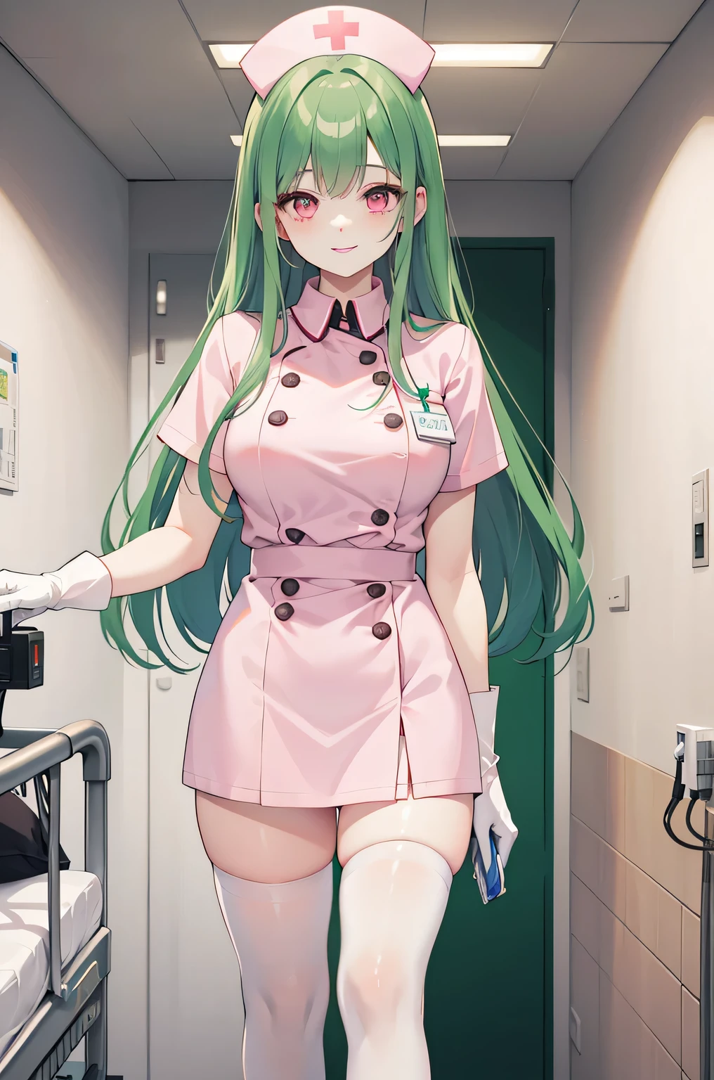1 female, alone, nurse, nurse cap, Whiteware, ((white legwear, zettai ryouiki)), white gloves, amount, long hair, green hair, pink eyes, pink lips, smile, Are standing, ((hospital room)), sharp outline, short sleeve, mature woman, 35 years old, highest quality, masterpiece