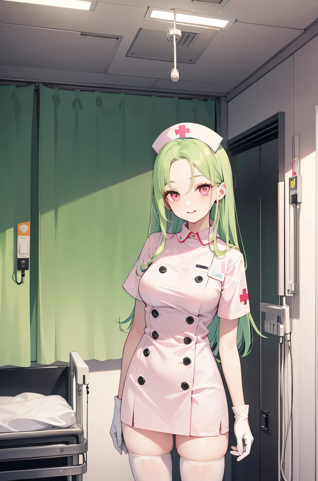 1 female, alone, nurse, nurse cap, Whiteware, ((white legwear, zettai ryouiki)), white gloves, amount, long hair, green hair, pink eyes, pink lips, smile, Are standing, ((hospital room)), sharp outline, short sleeve, mature woman, 35 years old, highest quality, masterpiece