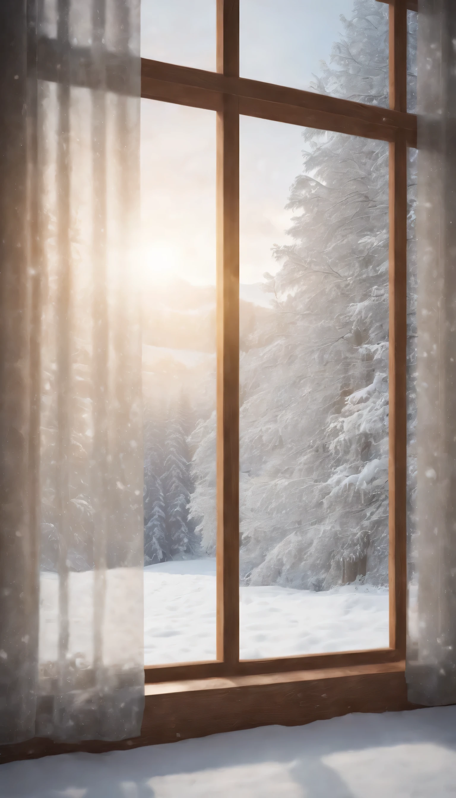 (Highly detailed CG Unity 8K wallpaper、masterpiece、highest quality、Super detailed)、(best lighting、best shadow、very delicate and beautiful)、highest quality、8K、Detailed facial depiction、masterpiece、highest quality、clear image quality、Photo of snowy scenery seen from the window