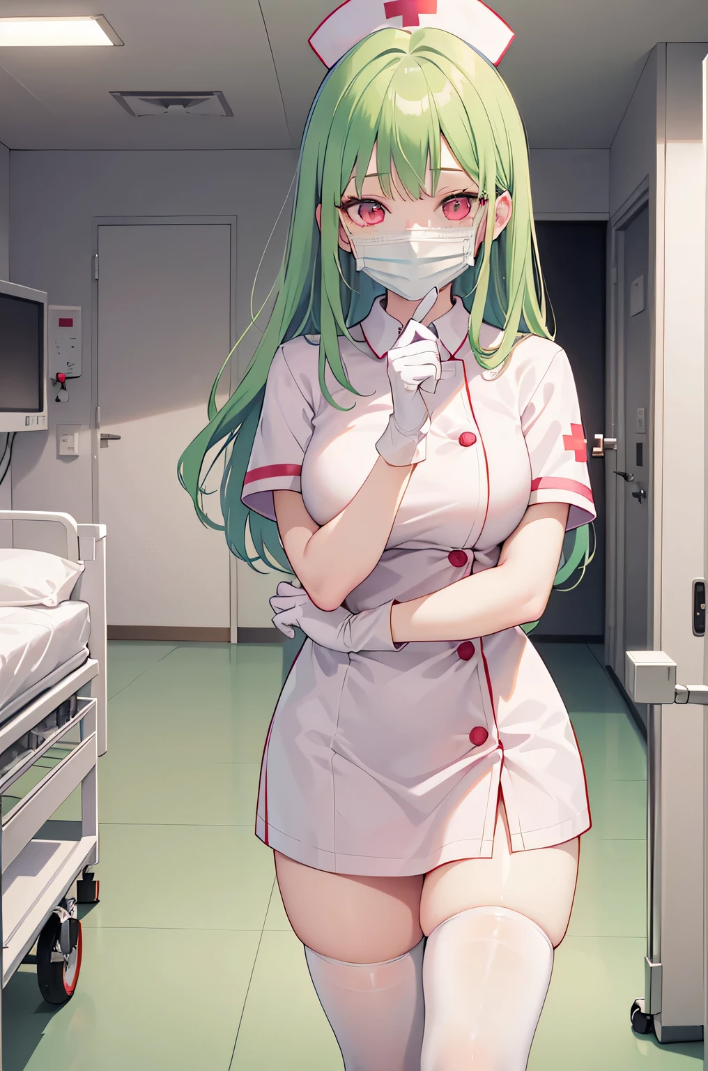 1 female, alone, nurse, nurse cap, Whiteware, ((white legwear, zettai ryouiki)), white gloves, amount, long hair, green hair, pink eyes, ((White surgical mask, Covered nose)), Are standing, ((hospital room)), sharp outline, short sleeve, mature woman, 35 years old, highest quality, masterpiece