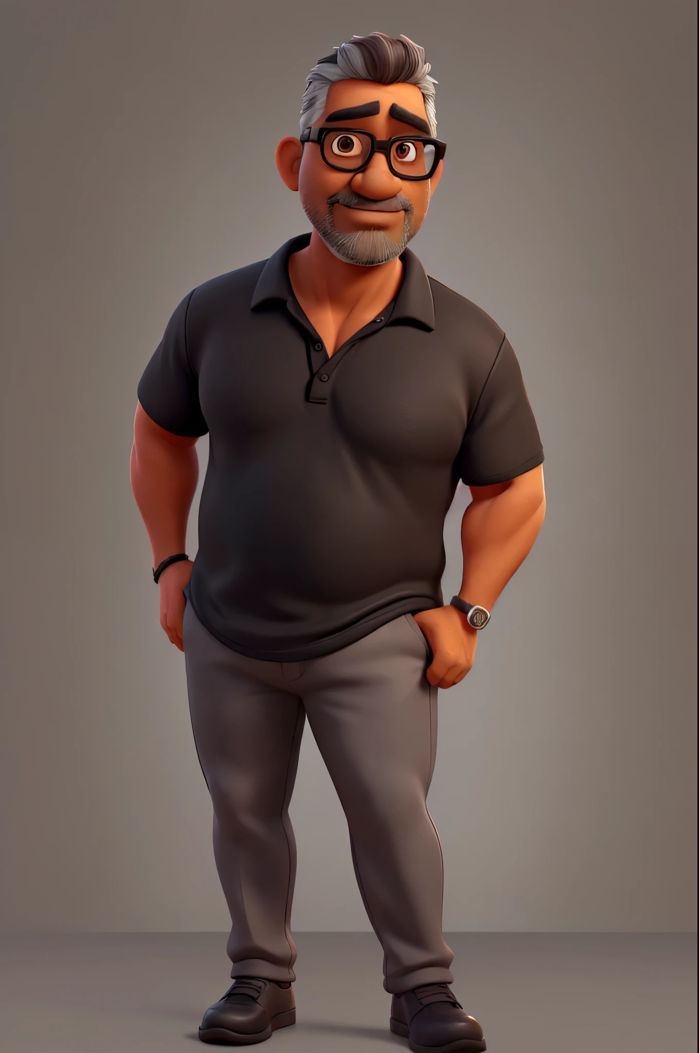 An attractive 50-year-old man. Dark tanned skin. chubby, Full body. He is wearing pants, a black polo shirt. He has black rectangular reading glasses. He has beard. He has gray crew cut hair. The image has perfectly defined lips and detailed dark brown eyes.