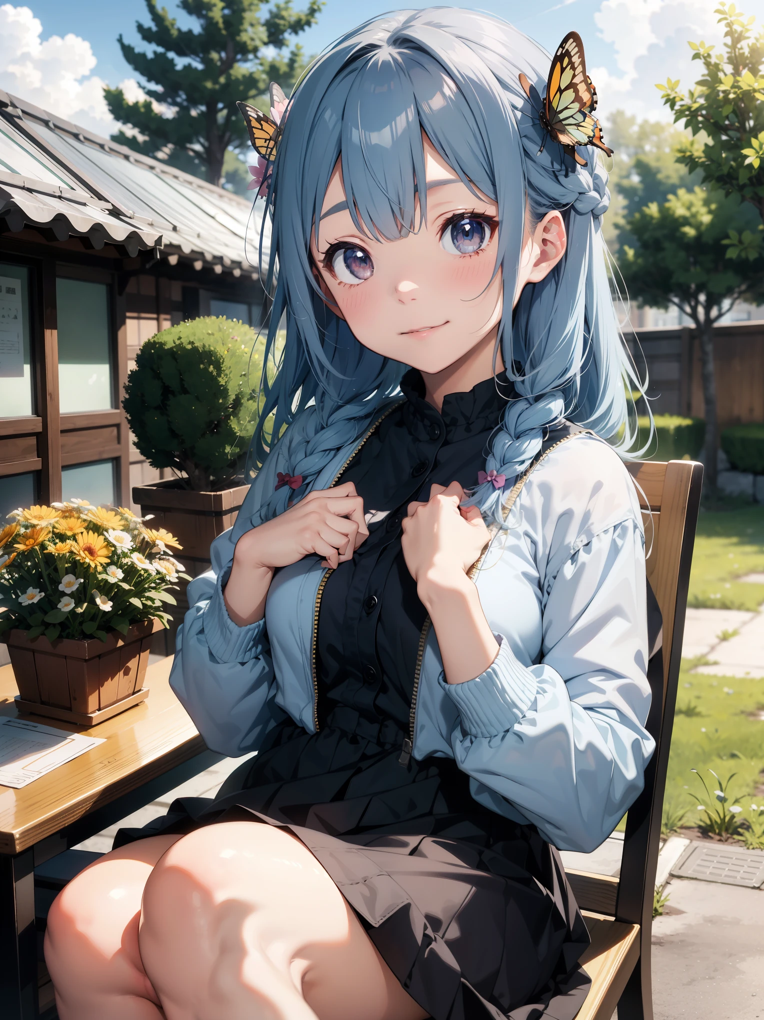 (realistic painting style:0.9),(fake traditional media:1.0), masterpiece, highest quality,Bokeh, Depth of bounds written, looking to the side, kamisato ayaka (spring bloom missive), kamisato ayaka, official alternative hairstyle, Official alternate costume, blunt bangs, butterfly hair ornaments, hair flower, blue dress, 1 girl,girl sitting on a chair,butterfly, gray eyes, flower, hair ornaments, light blue hair, outdoor, alone, null, blue nails, cloud, bangs, long sleeve, holding, looking at the viewer, blue butterfly,Braid, dress, Day, blue null, chest, medium chest, cloudy null, blush, raised his index finger, blue flower, smile, closed mouth, holding open book,tarot,green background, 