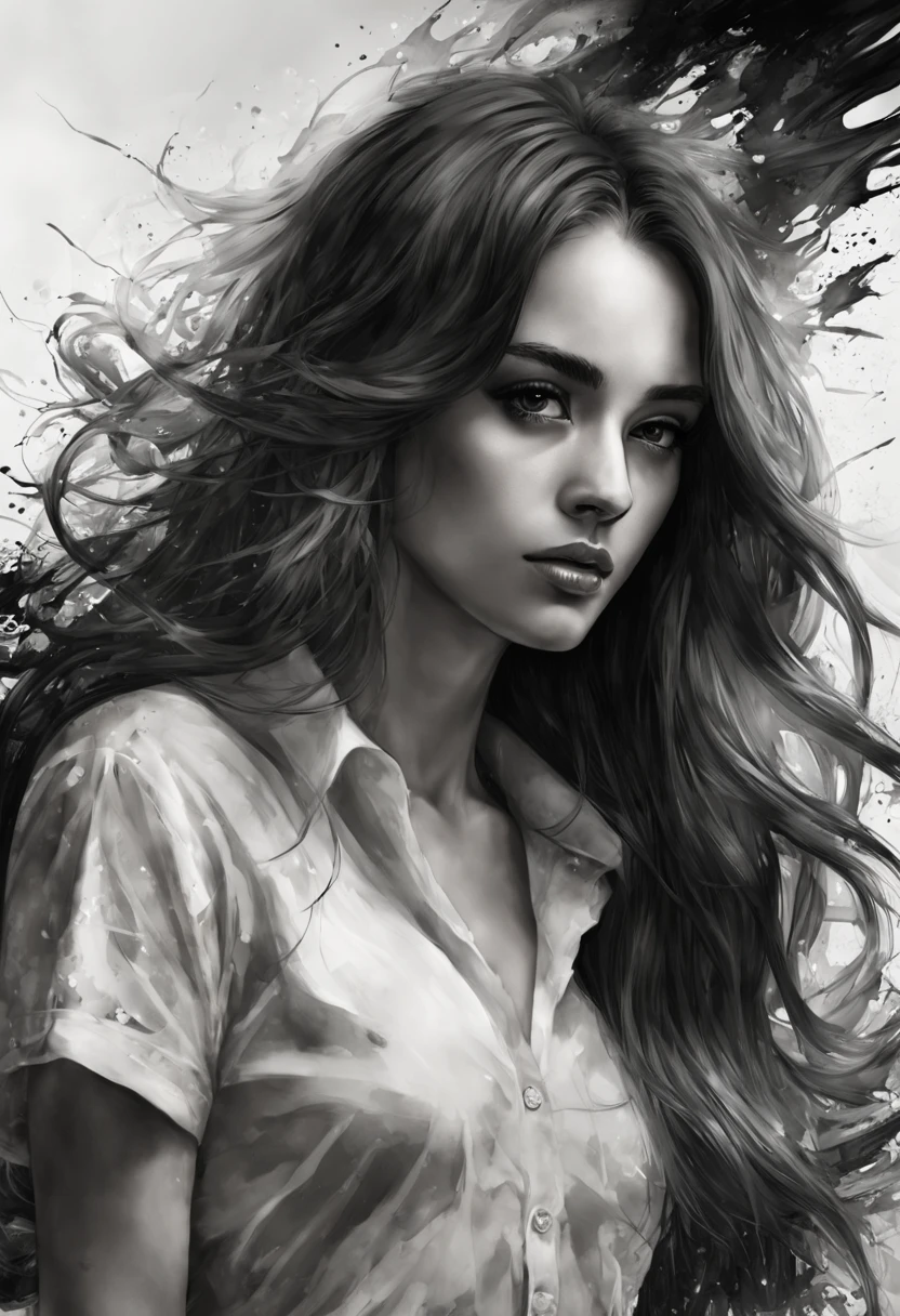 1girl, (best quality,highres:1.2),ultra-detailed,black and white ink drawing,hyperrealistic,dramatic lighting,detailed facial features,compelling expression,girl with long flowing hair,fine lines and shading,intense gaze,intimate mid shot,concept art,splash art,ink splatters,emotive portrait,monochrome palette,intensely detailed eyes and face,striking contrast,