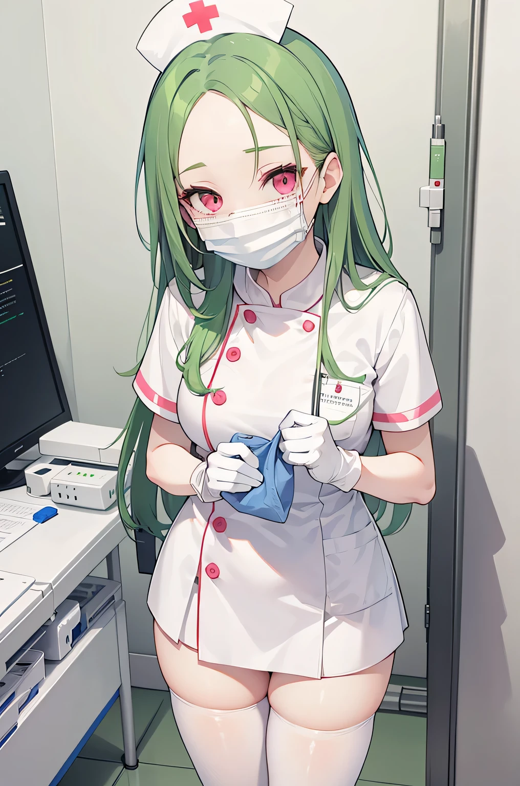 1 female, alone, nurse, nurse cap, Whiteware, ((white legwear, zettai ryouiki)), white gloves, amount, long hair, green hair, pink eyes, ((White surgical mask, Covered nose)), Are standing, ((hospital room)), sharp outline, short sleeve, mature woman, 35 years old, highest quality, masterpiece