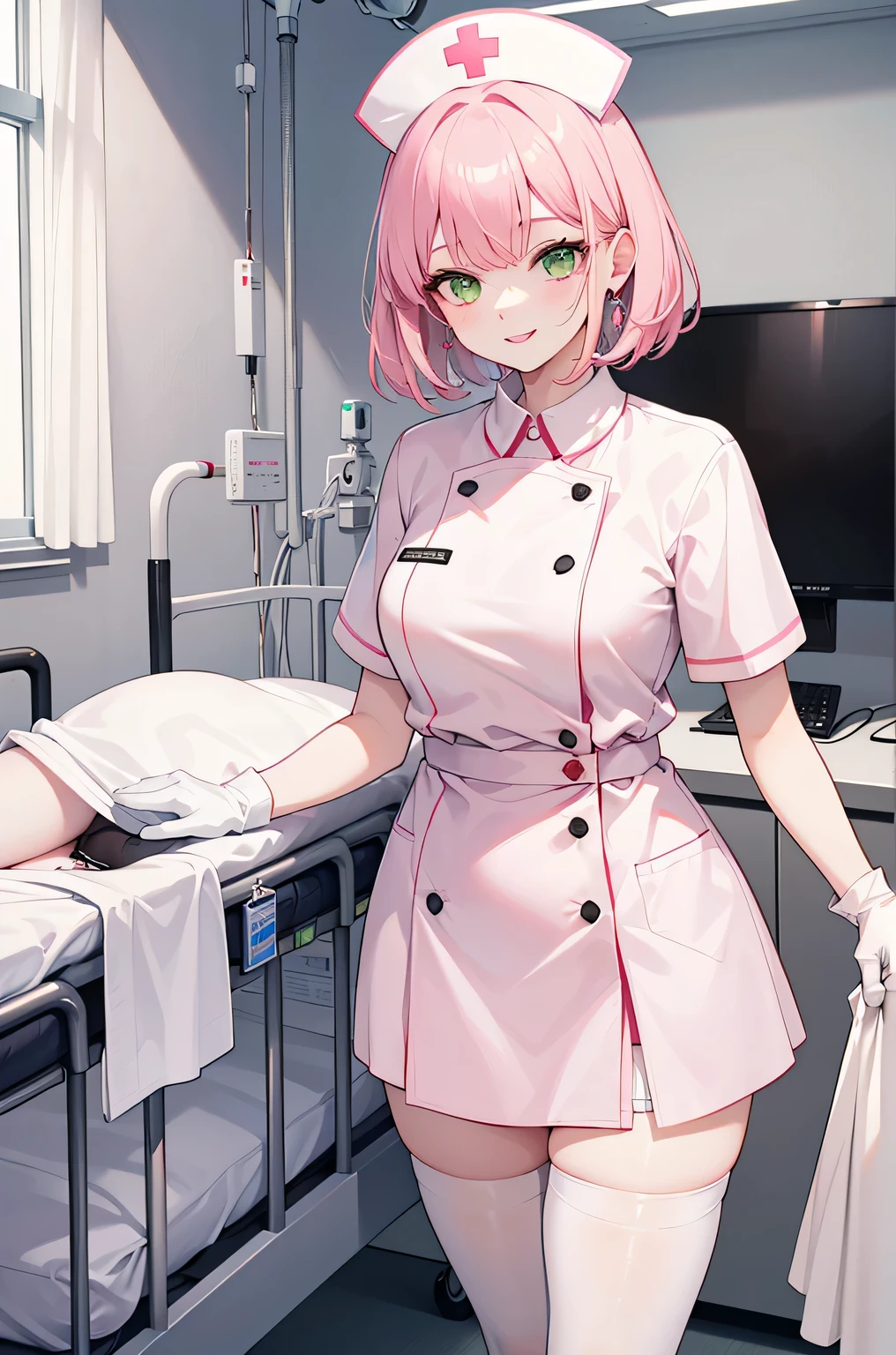 1 female, alone, nurse, nurse cap, Whiteware, ((white legwear, zettai ryouiki)), white gloves, pink hair, green eyes, droopy eyes, pink lips, smile, Are standing, ((hospital room)), sharp outline, short sleeve, mature woman, 32 years old, highest quality, masterpiece