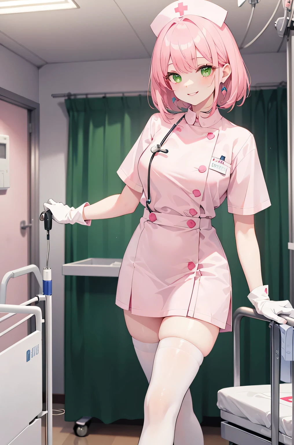 1 female, alone, nurse, nurse cap, Whiteware, ((white legwear, zettai ryouiki)), white gloves, pink hair, green eyes, droopy eyes, pink lips, smile, Are standing, ((hospital room)), sharp outline, short sleeve, mature woman, 32 years old, highest quality, masterpiece