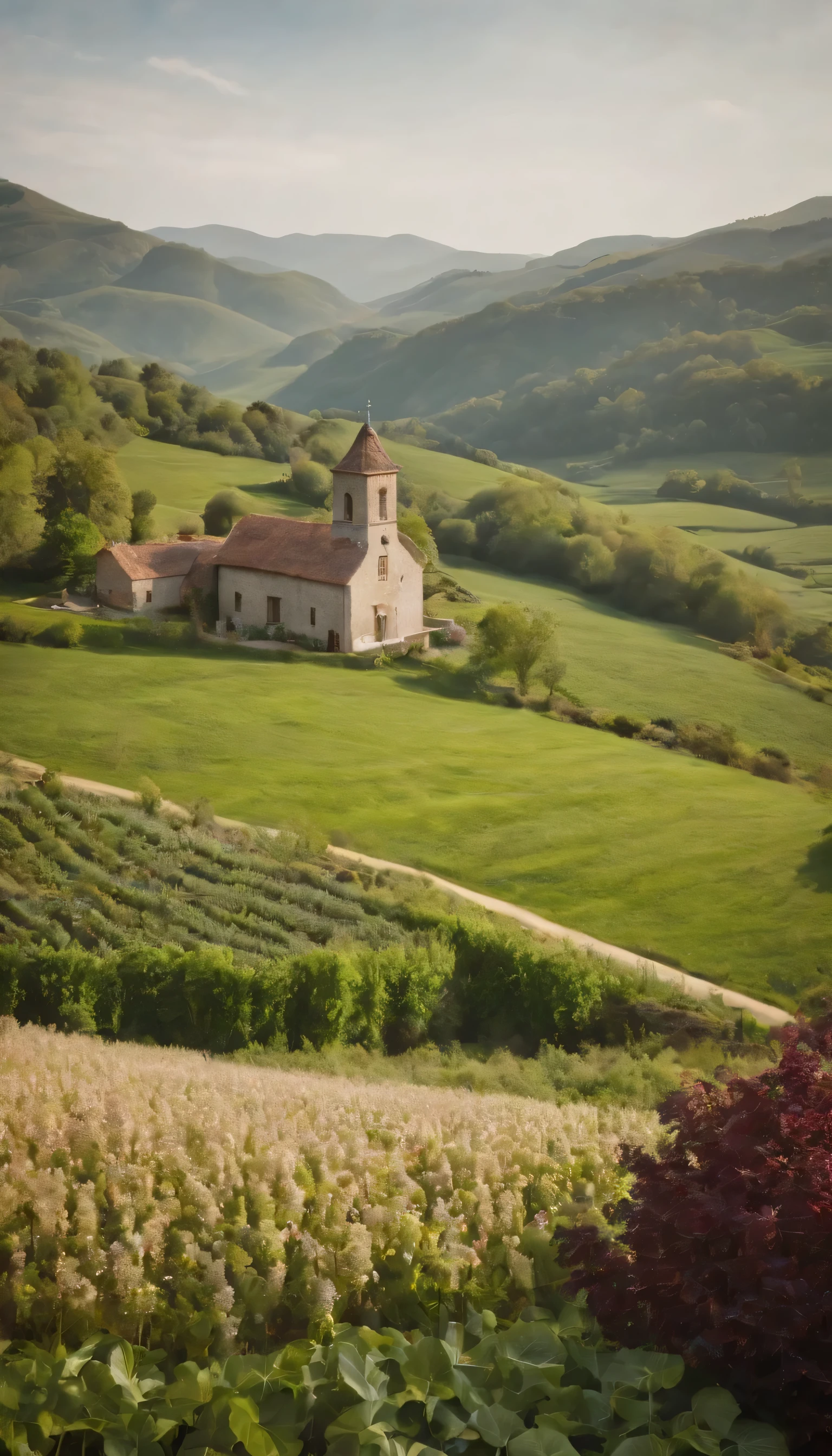 (Highly detailed CG Unity 8K wallpaper、masterpiece、highest quality、Super detailed)、(best lighting、best shadow、very delicate and beautiful)highest quality、8K、Detailed facial depiction、masterpiece、highest quality、clear image quality、A photo of a vast field seen from the balcony