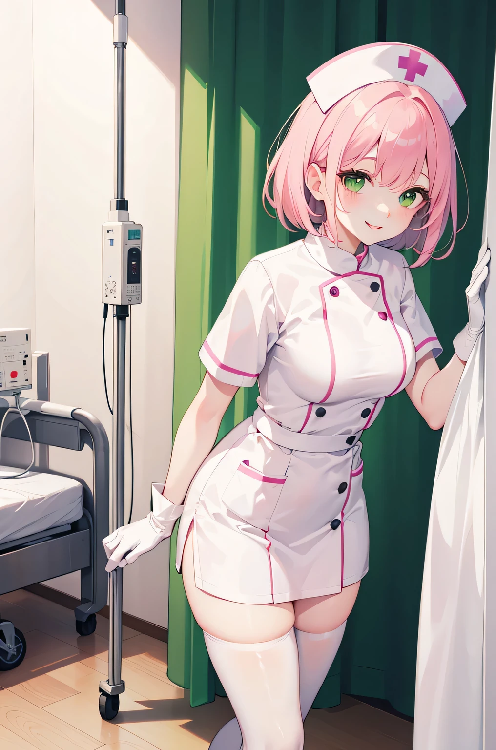 1 female, alone, nurse, nurse cap, Whiteware, ((white legwear, zettai ryouiki)), white gloves, pink hair, green eyes, droopy eyes, pink lips, smile, Are standing, ((hospital room)), sharp outline, short sleeve, mature woman, 32 years old, highest quality, masterpiece