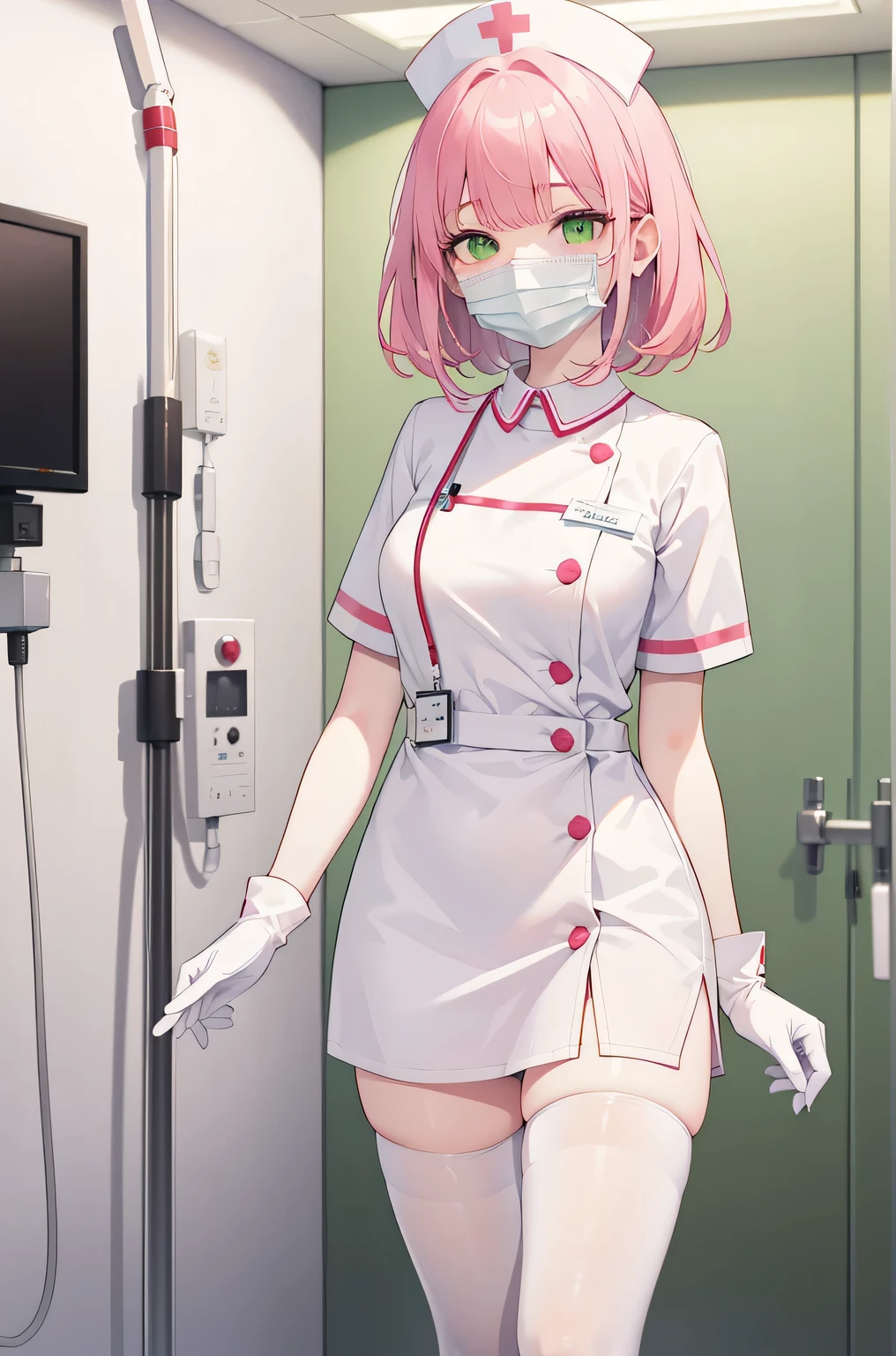 1 female, alone, nurse, nurse cap, Whiteware, ((white legwear, zettai ryouiki)), white gloves, pink hair, green eyes, droopy eyes, ((White surgical mask, Covered nose)), Are standing, ((hospital room)), sharp outline, short sleeve, mature woman, 32 years old, highest quality, masterpiece