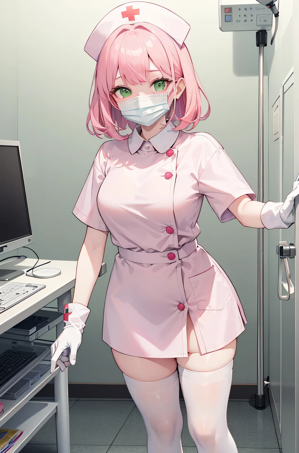 1 female, alone, nurse, nurse cap, Whiteware, ((white legwear, zettai ryouiki)), white gloves, pink hair, green eyes, droopy eyes, ((White surgical mask, Covered nose)), Are standing, ((hospital room)), sharp outline, short sleeve, mature woman, 32 years old, highest quality, masterpiece