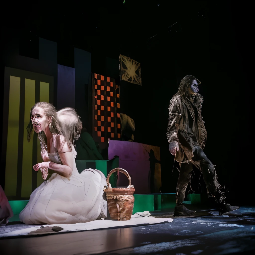 theater stage, dramatic light, harsh white light. shadows, contrast, people walking, running, mysterious atmosphere, audience of death, forsaken, franz kafka