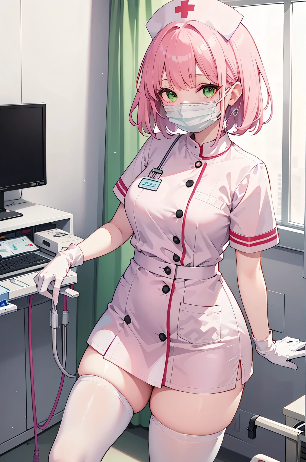 1 female, alone, nurse, nurse cap, Whiteware, ((white legwear, zettai ryouiki)), white gloves, pink hair, green eyes, droopy eyes, ((White surgical mask, Covered nose)), Are standing, ((hospital room)), sharp outline, short sleeve, mature woman, 32 years old, highest quality, masterpiece