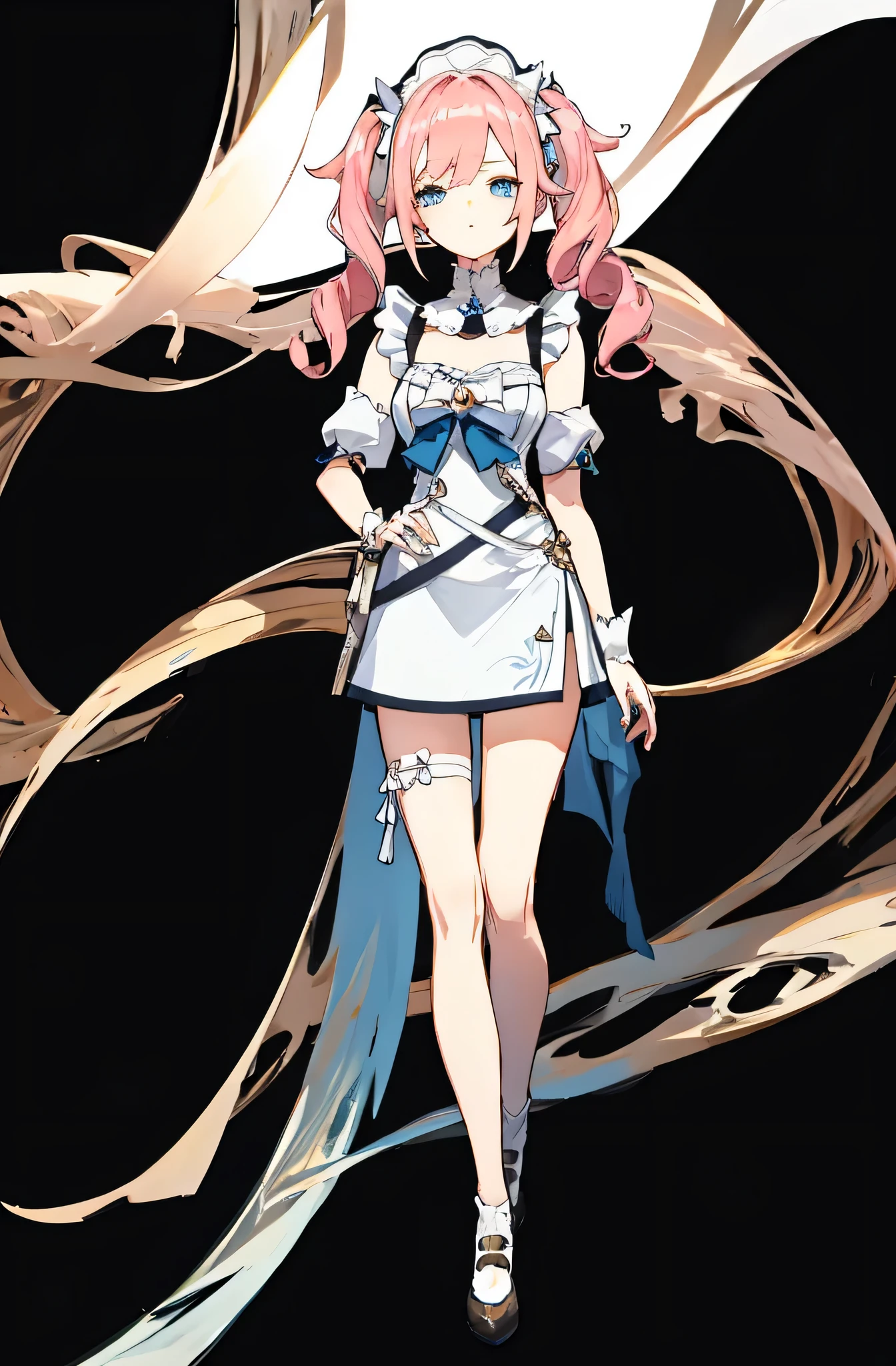 1 girl，Rose，Upper body，pink long hair,high twin tail,((White Maid Costume)),blue eyes,Blunt bang,((whole body)),whole body,