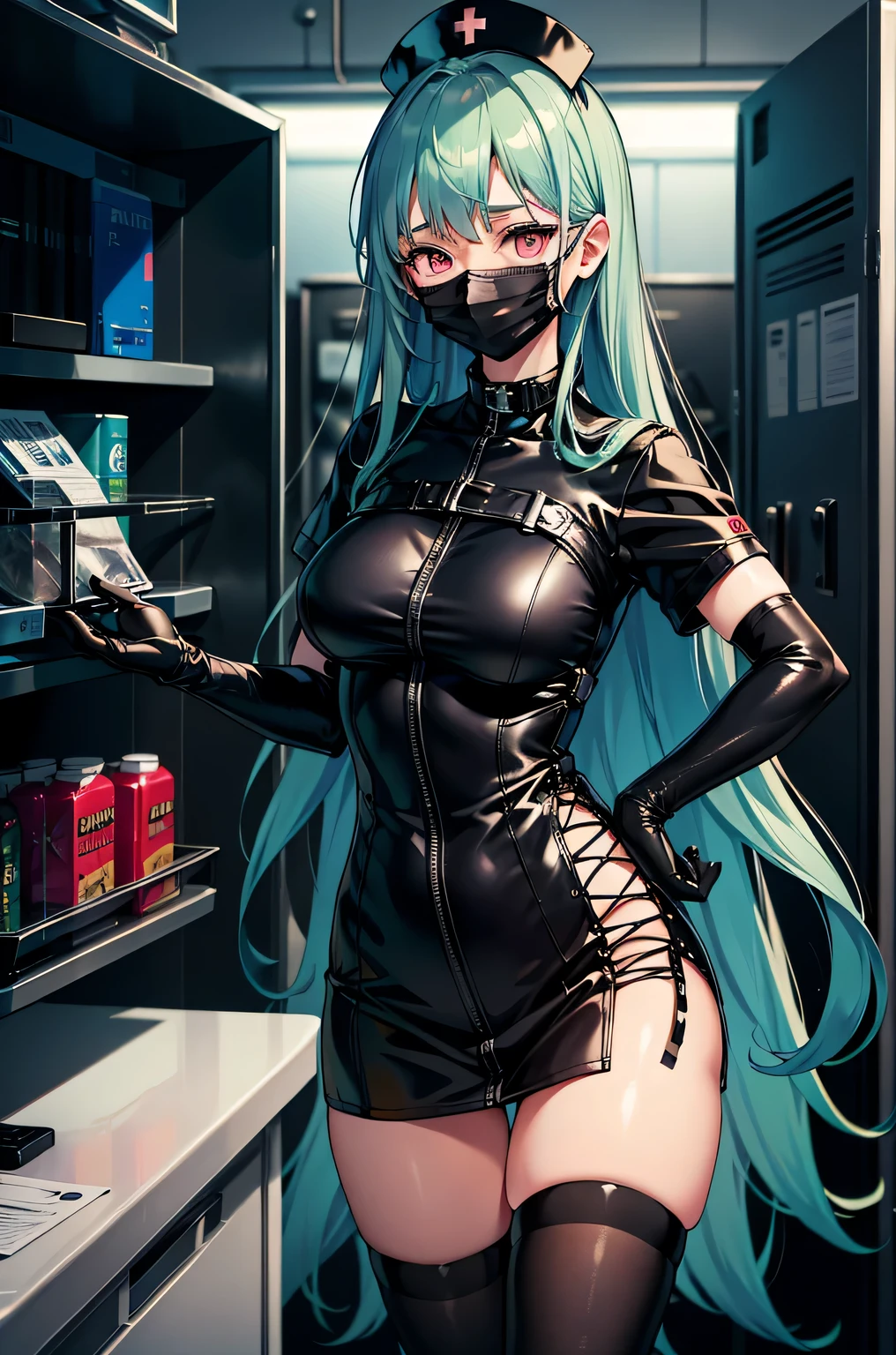 black nurse, 1 female, alone, black nurse cap, Black Wear, ((black legwear, zettai ryouiki)), black elbow gloves, amount, long hair, green hair, pink eyes, ((Black surgical mask, Covered nose)), Are standing, ((operating room)), sharp outline, short sleeve, mature woman, 35 years old, highest quality, masterpiece