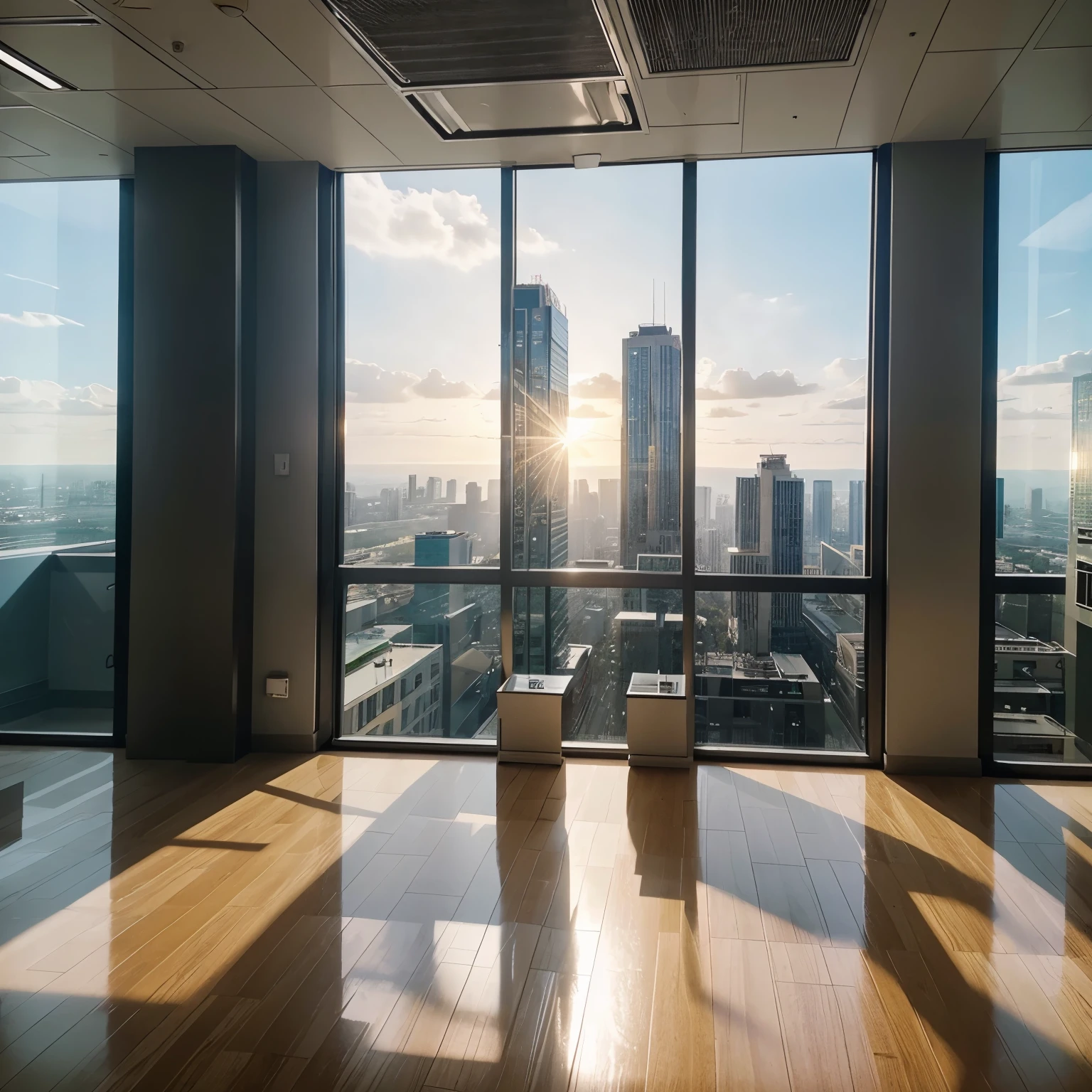 Large office building, 30 floors, Glass, Sun
