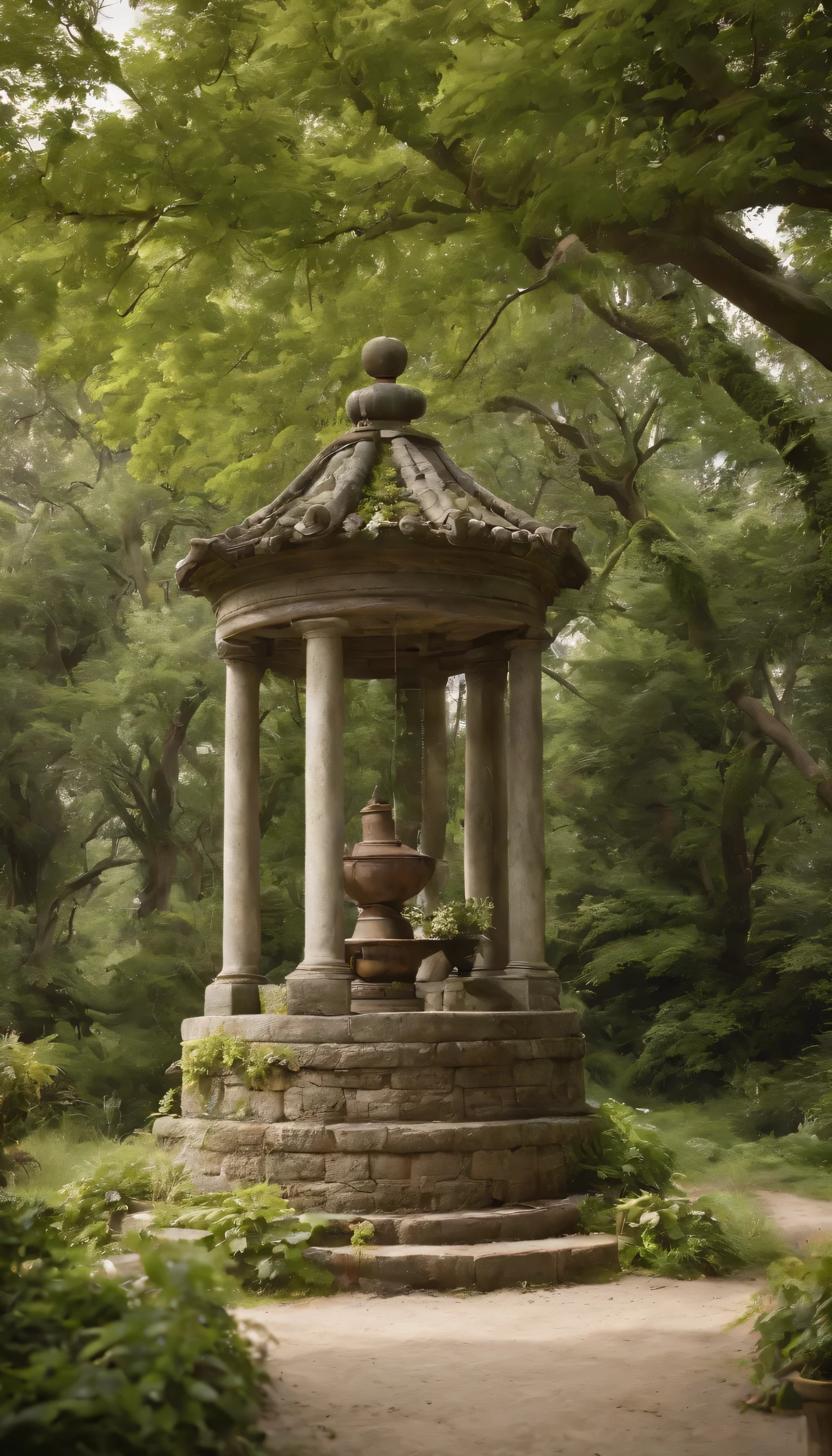 (Highly detailed CG Unity 8K wallpaper、masterpiece、highest quality、Super detailed)、(best lighting、best shadow、very delicate and beautiful)highest quality、8K、Detailed facial depiction、masterpiece、highest quality、clear image quality、Photos of the old well and the green world around it