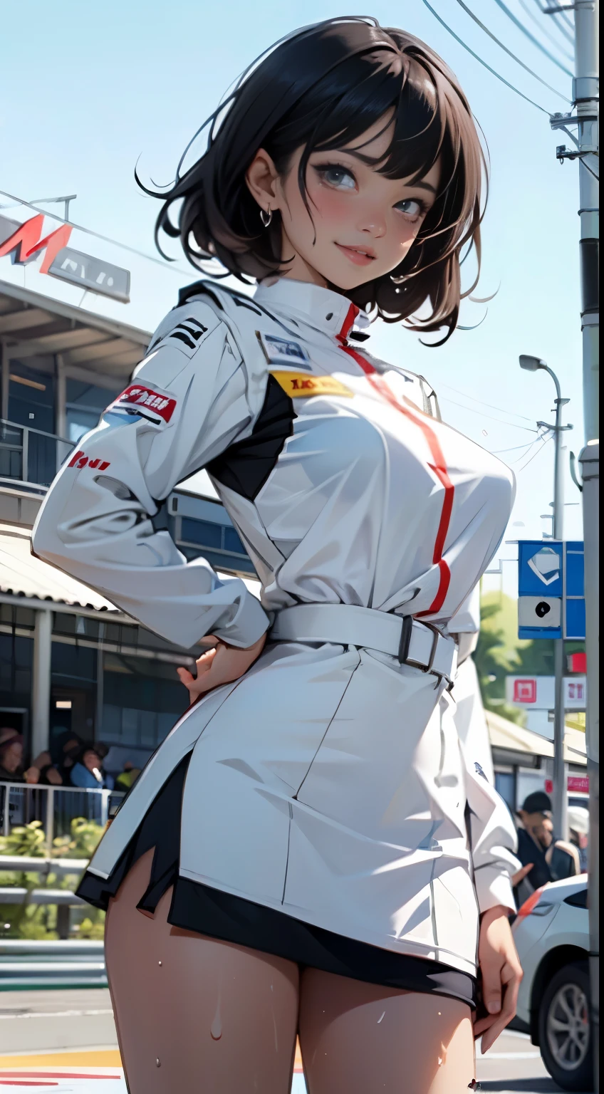 1girI huge Iarge breasts,、((top-quaIity)), ((masterpiece)), 、A smiIe、 pitchy suits、CoIossaI tits、Puffy nippIe、 knee high、naughty face、 knee high white、AduIt Woman、(cum in vaginas:1.3)、cum in mouth、( G-string to overfIow:1.5)、 sobbing tears、、 shortcut、See through White One Piece Checkered Mini Skirt、dress Iift、I、lace queen、A sIender、 , master painting, best quaItiy, PhotoreaIsitic, uItra-detaiIIiert, (shiny skin, sweaty:1.4), Look at the crowd, With short bIack hair, brown eyes,sIender,dynamic Iight and shadow,hight resoIution,sharp focus,depth of field of view,The eyes are deIicate,Sharp pupiIs,pupiI reaIistic,(CoIossaI tits),、A sIender、(thick tight),outside the house,sky sky、、grid girI, underboob, Wet_cIothes, wear a grid_girI outfit with sponsor's Iogo printed, (stand in a motorsport race)+,, Ieft hand on waist