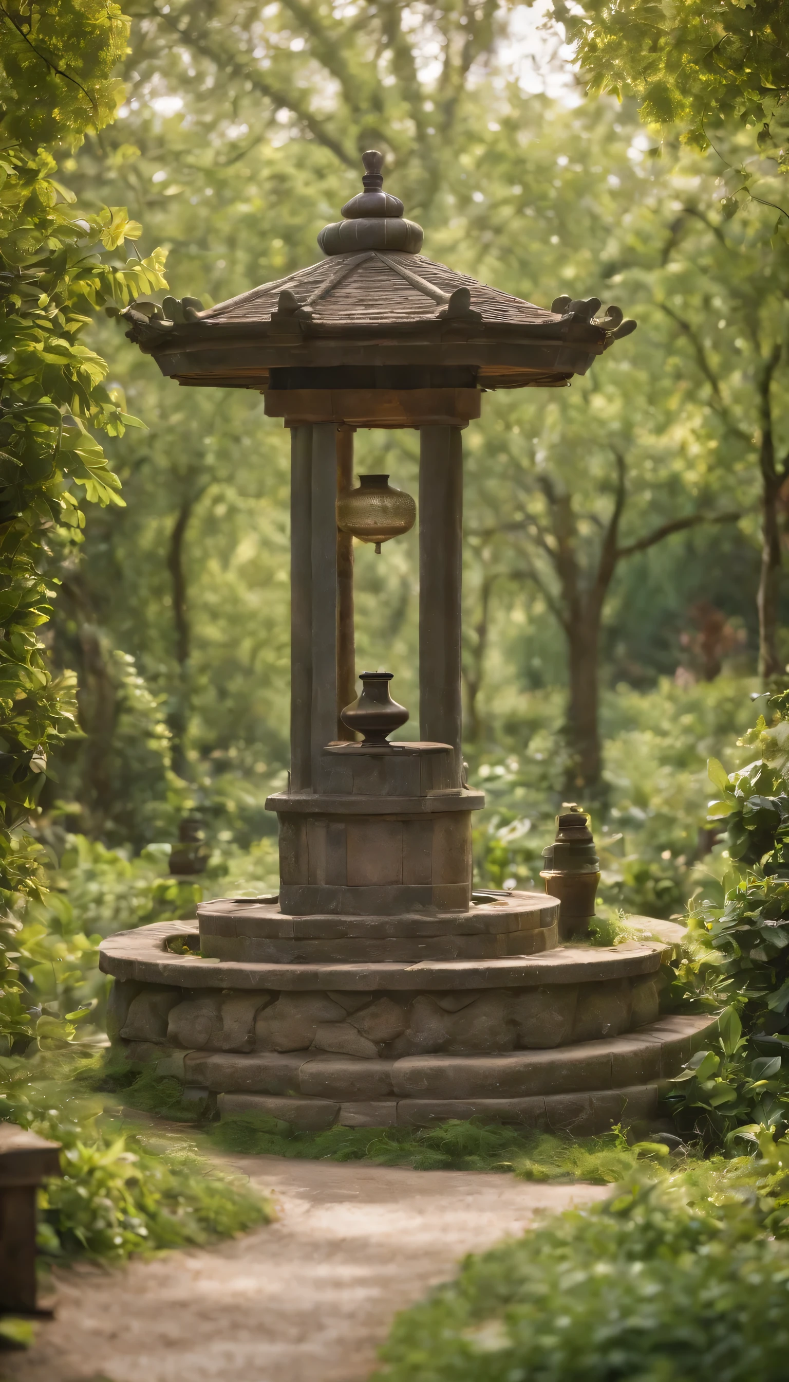 (Highly detailed CG Unity 8K wallpaper、masterpiece、highest quality、Super detailed)、(best lighting、best shadow、very delicate and beautiful)highest quality、8K、Detailed facial depiction、masterpiece、highest quality、clear image quality、Photos of the old well and the green world around it