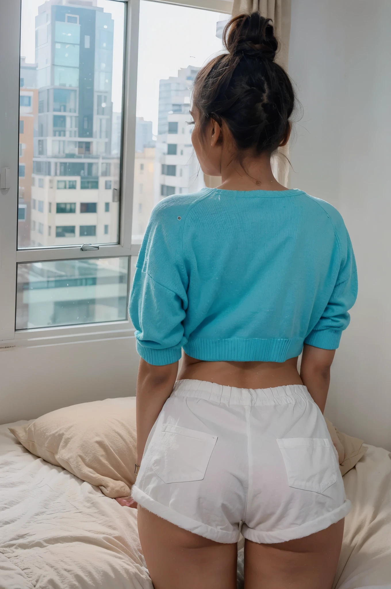 3/4 shot from behind, an Instagram photograph of, a 22-year-old Sri Lankan woman named Kasuni, (messy bun hair), fair skin, in bed at night in a small sweater and neon blue fluffy shorts in her high-rise apartment with she facing toward the window overlooking a city in winter while it's snowing outside, natural light, 8k, realistic, photorealistic, (fcTiktokcolors:0.75)