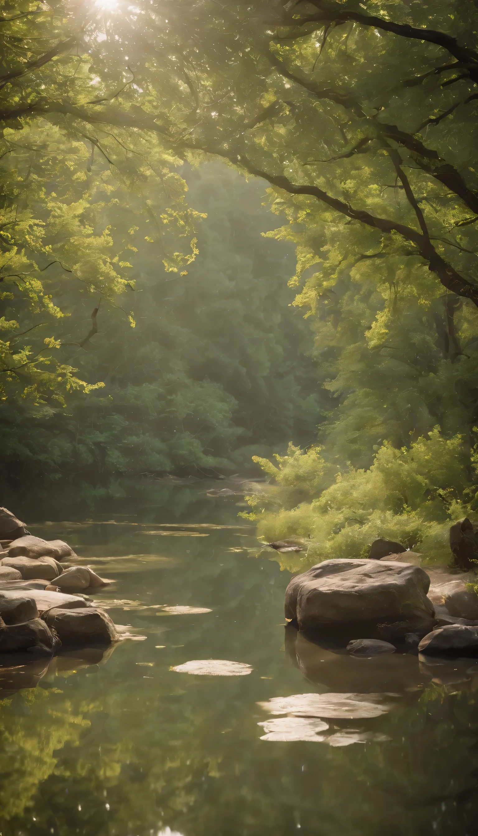 (Highly detailed CG Unity 8K wallpaper、masterpiece、highest quality、Super detailed)、(best lighting、best shadow、very delicate and beautiful)highest quality、8K、Detailed facial depiction、masterpiece、highest quality、clear image quality、Photo of a small pond in the forest and the creatures around it