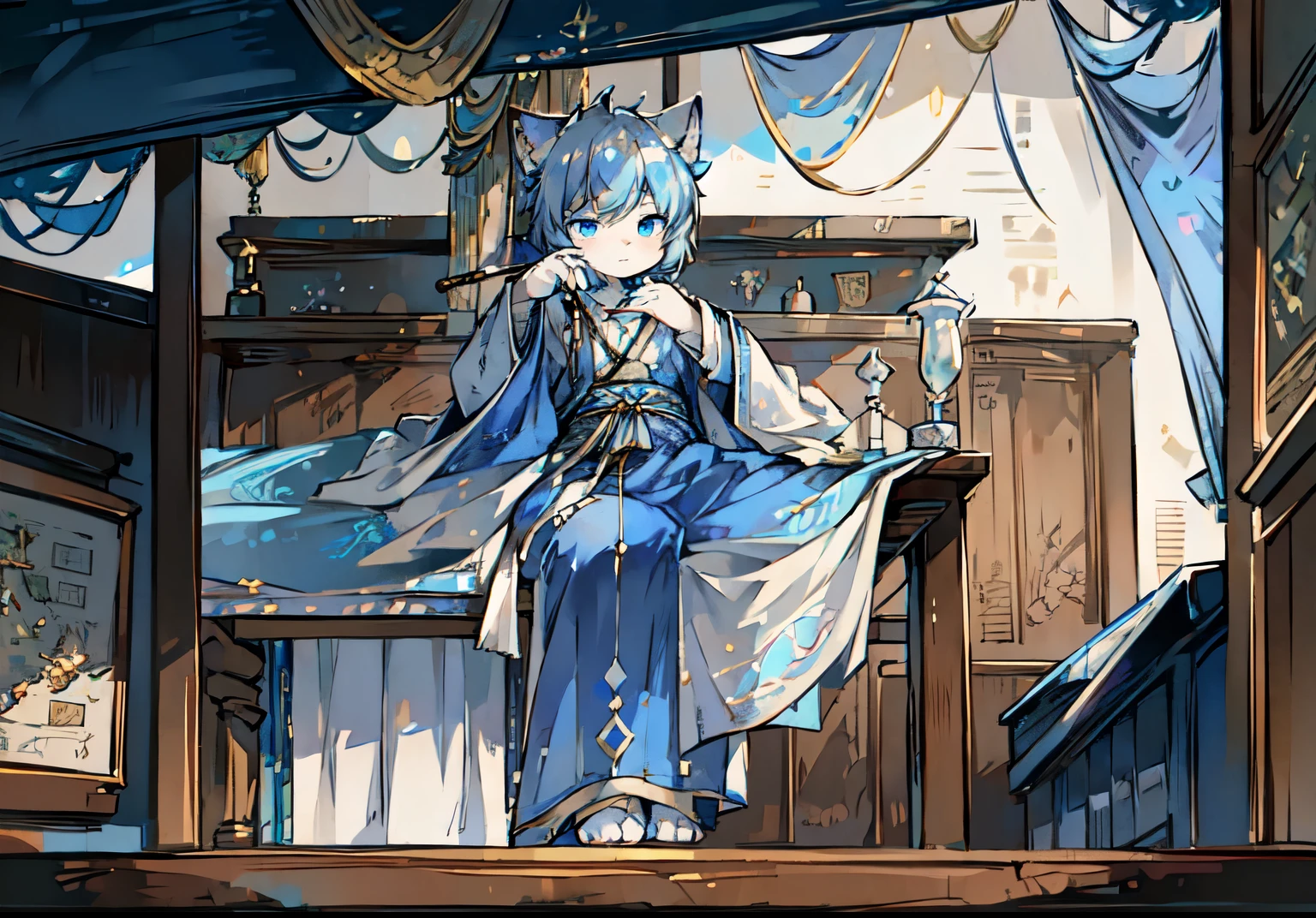 a white cat，Handheld a scroll，Blue robes，Hold a brush，sitting in the attic，Blue longsword，Blue pupils，Cool colors，Lovely Shota，long table，War situation map，map，flowing robe，clear blue skies，graceful