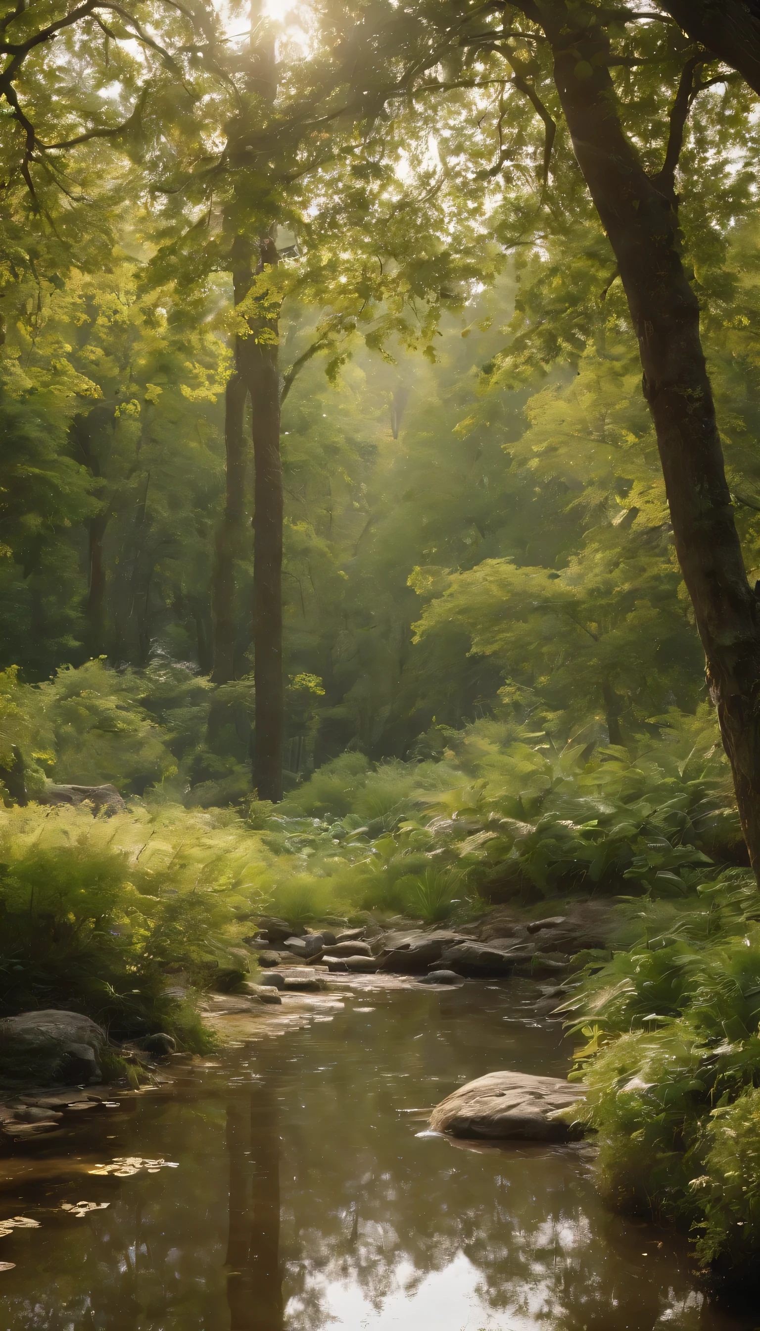 (Highly detailed CG Unity 8K wallpaper、masterpiece、highest quality、Super detailed)、(best lighting、best shadow、very delicate and beautiful)highest quality、8K、Detailed facial depiction、masterpiece、highest quality、clear image quality、Photo of a small pond in the forest and the creatures around it