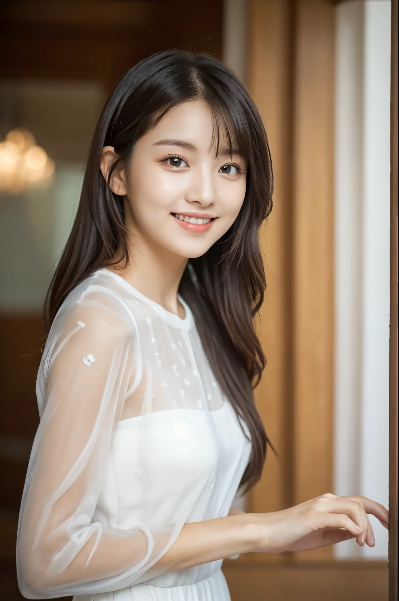 Ulchan-6500-v1.1, (RAW photo:1.2), (Photoreal), beautiful detailed girl, (See-through:1.3), (genuine: 1.4), very detailed目と顔, beautiful and fine eyes, elegant long dress、sitting on the bench、huge file size, High resolution, very detailed, highest quality, [masterpiece:1.6], enlightenment, very detailed, nffsw, finely, highest quality, 8k wallpaper, movie lighting, 1 girl, , perfect body shape, Cute droopy eyes、beautiful big eyes、Pieck finger, ((table top)), highest quality, 1 girl, eye shadow, Upper body, portrait, ((full body shot:1.4))、(very affectionate smile:1.2)