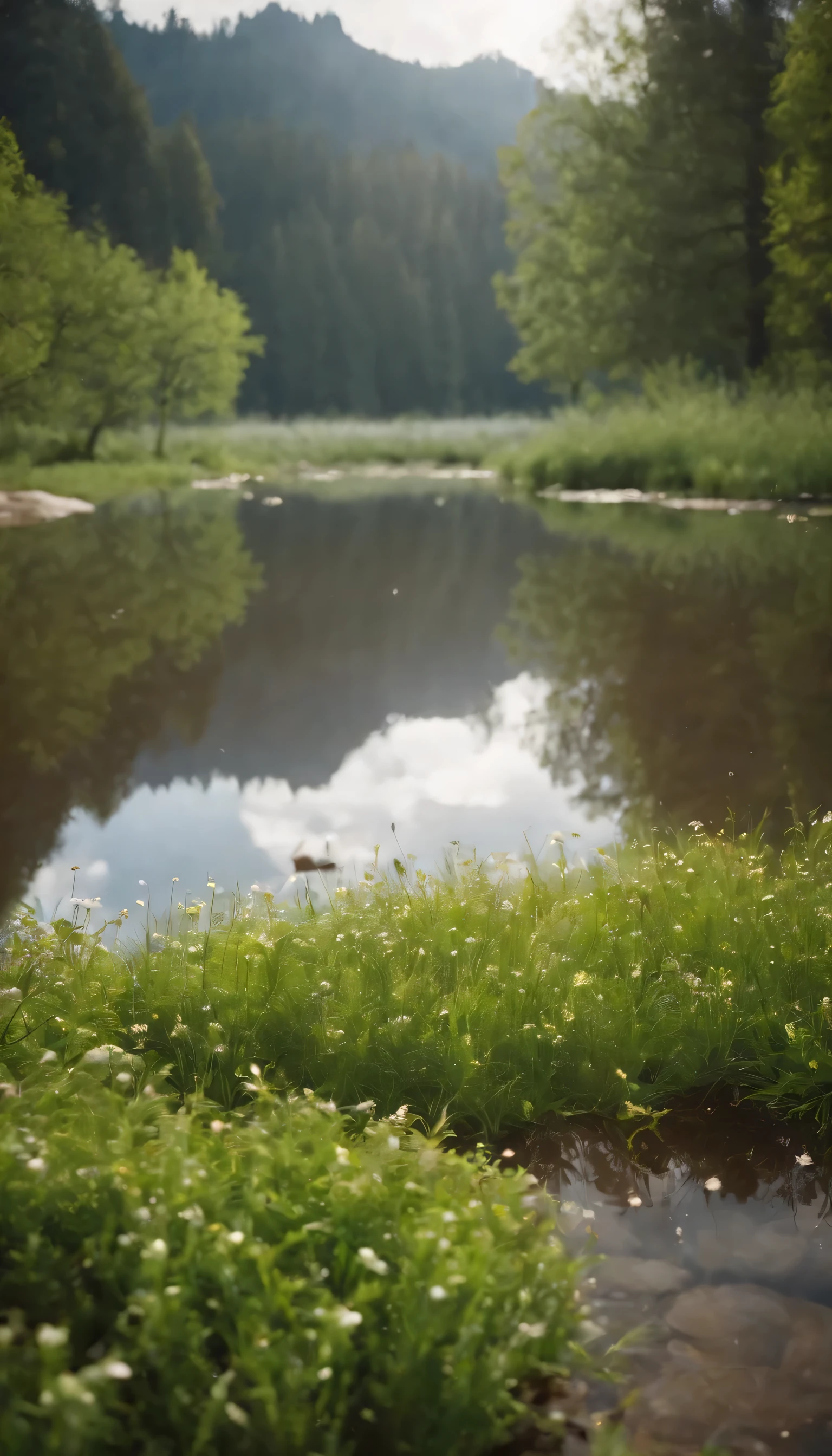 (Highly detailed CG Unity 8K wallpaper、masterpiece、highest quality、Super detailed)、(best lighting、best shadow、very delicate and beautiful)highest quality、8K、Detailed facial depiction、masterpiece、highest quality、clear image quality、Photo of a small pond in the forest and the creatures around it