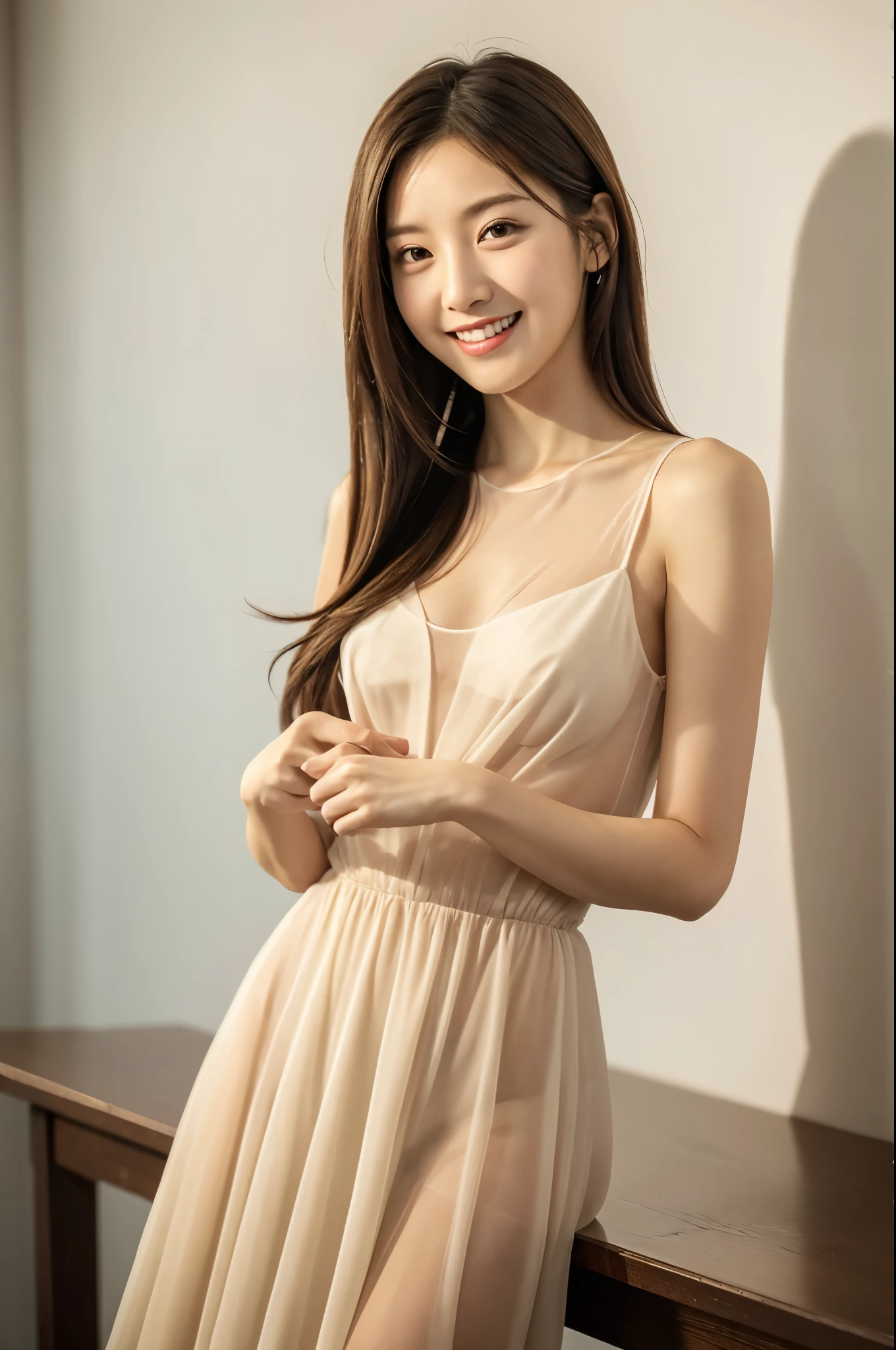 1girl, somin, somin\(runningman\), slim body, petite, Wide open chest, exposed chest, sitting, dress, cowboy shot , exposed thighs, spread legs wide, showing white panties, breast line, smiling, wearing thin see through sleeping gown, looking at viewer, look directly at me, indoors, masterpiece, high quality, high resolution, realistic, photorealistic,