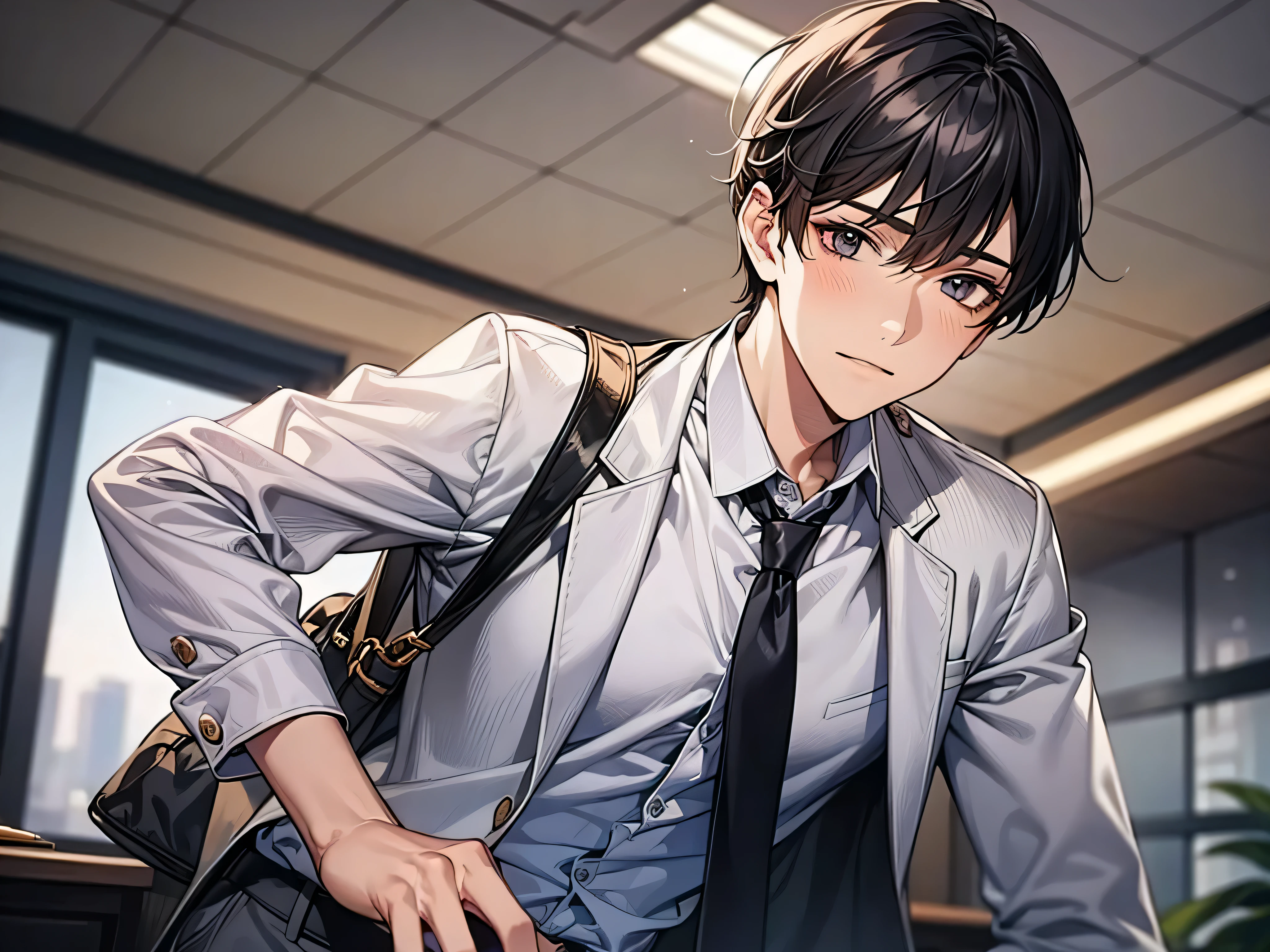 upper body .1boy，adult，Impatient expression，Business suit，jacket，whiteshirt，necktie，dull,pants，best quaity，employee，face detail，office backgroun