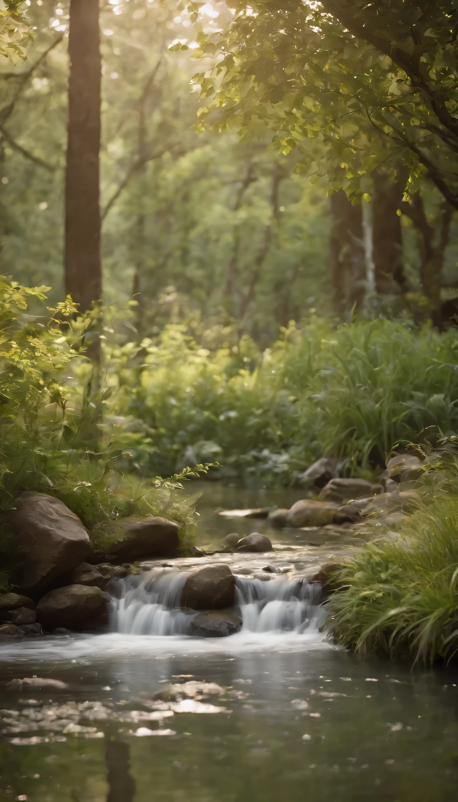 (Highly detailed CG Unity 8K wallpaper、masterpiece、highest quality、Super detailed)、(best lighting、best shadow、very delicate and beautiful)highest quality、8K、Detailed facial depiction、masterpiece、highest quality、clear image quality、Photo of a small pond in the forest and the creatures around it