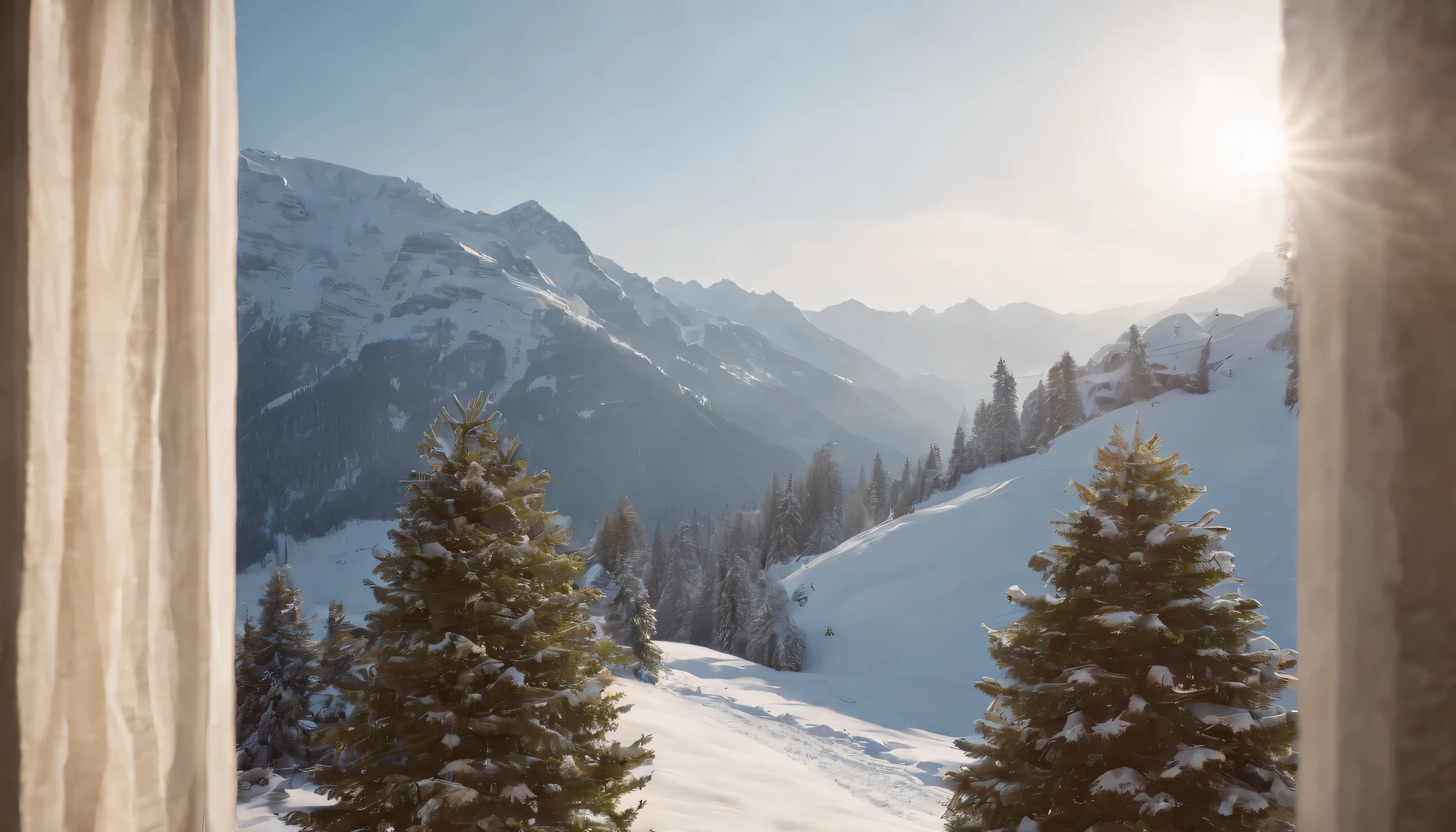 (Highly detailed CG Unity 8K wallpaper、masterpiece、highest quality、Super detailed)、(best lighting、best shadow、very delicate and beautiful)、highest quality、8K、Detailed facial depiction、masterpiece、highest quality、clear image quality、Photo of snowy scenery seen from the window