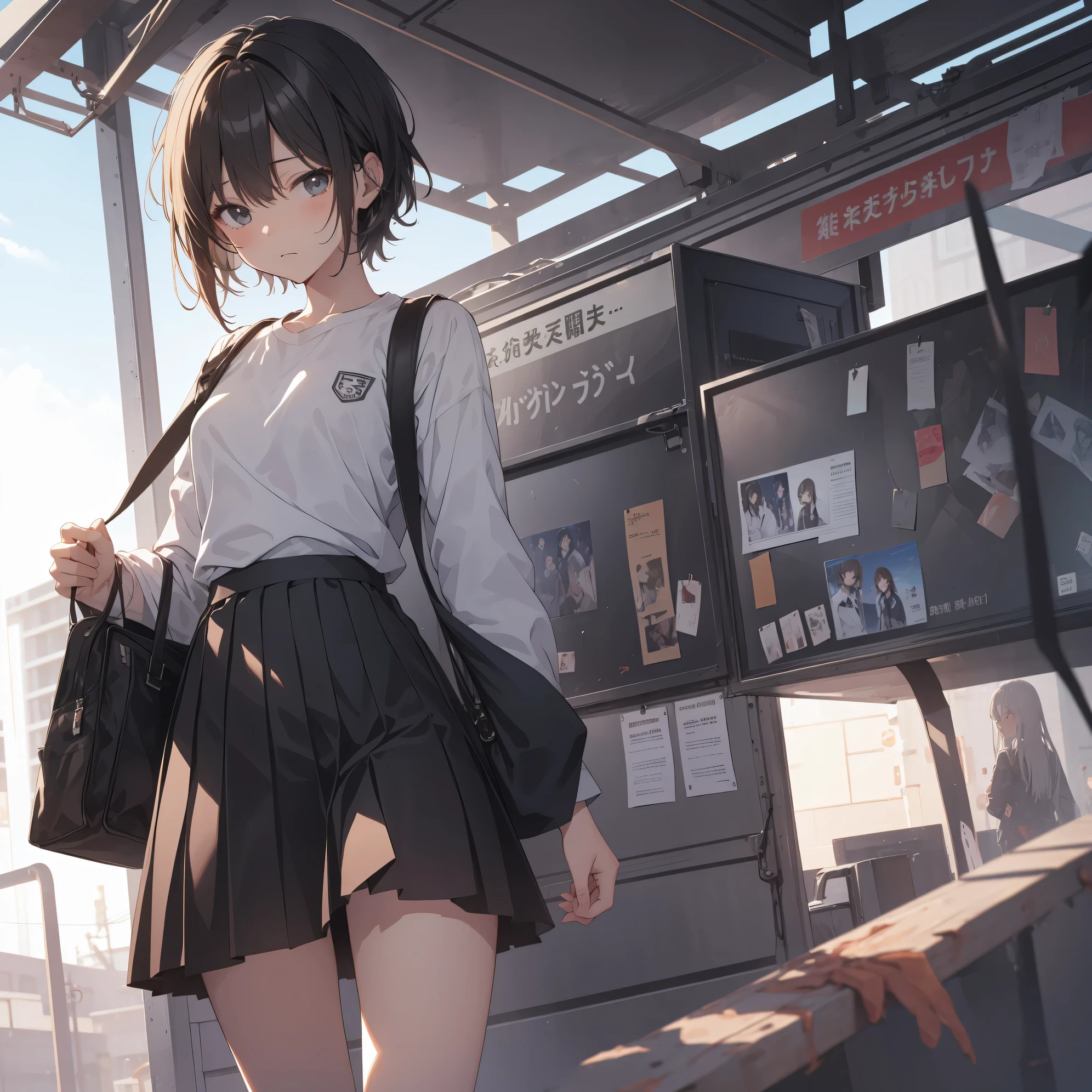Super high quality by the art god, super detailed, High resolution, AI generated, anime moe art style, best anime 8K konachan wallpaper, pixiv contest winner, perfect anatomy, break,(眠そうにalone学校へ行く女の子を描いてください. ),break, 1 girl, (alone,lolita, , :1.3),All limbs, full finger,, androgynous charm, (very short hair), messy hair, flat chest, Because I'm slender, small ass, between legs, Small black eyes, beautiful and fine eyes, Well-proportioned iris and pupils, disgusted eyes, High resolutionの詳細な髪, wearing school uniform, (skirt),(detailed lighting), (detailed background), On the way to school. break,super dense skin, Best lighting by famous artists, 8K, figure,UHD, rough skin