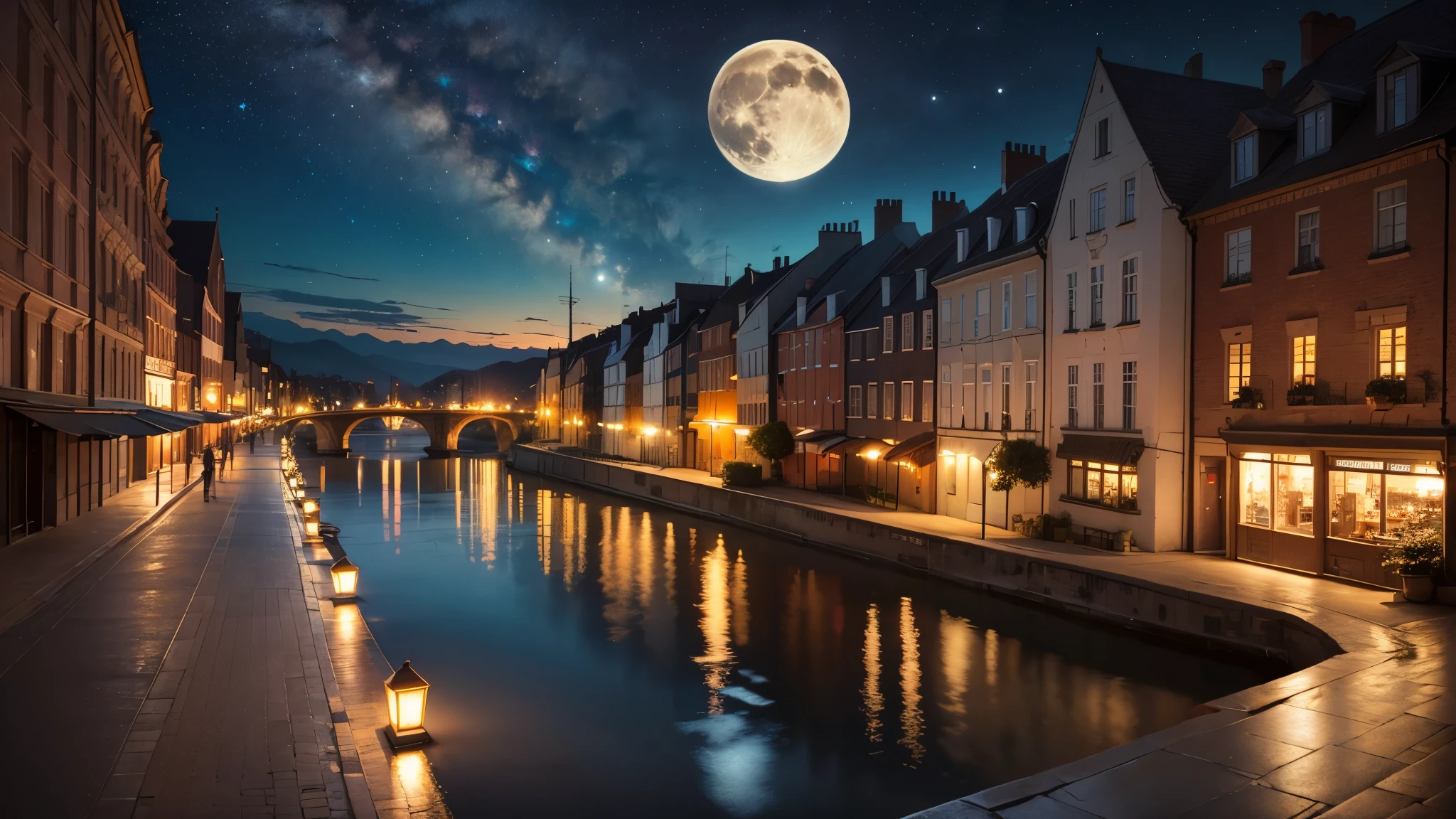 landscape, panorama view, beautiful European city. starry sky, nature,one full moon in the sky,Midnight