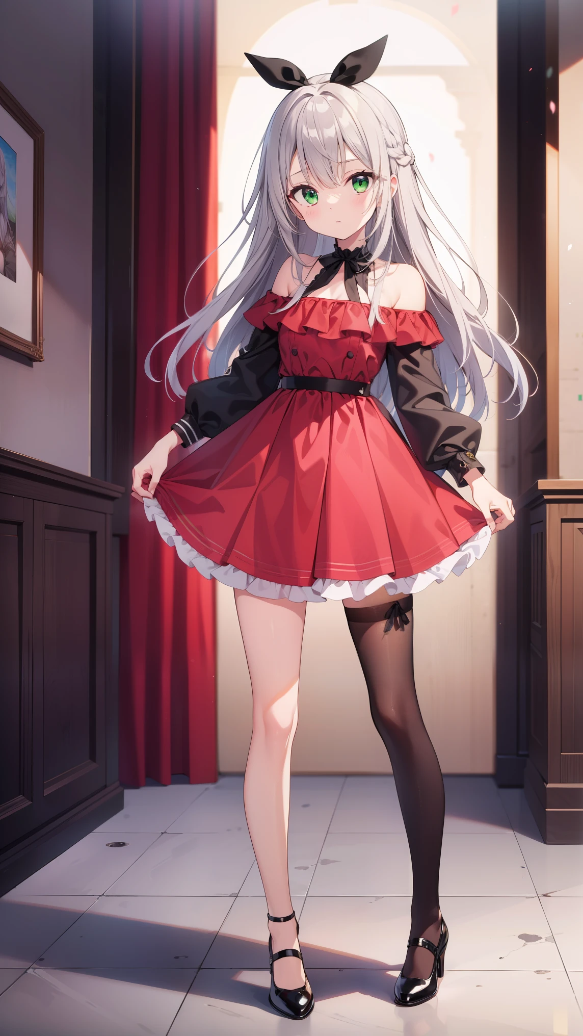 (highest quality), (masterpiece), 1080P, HD, 4K, 8K, cool pose, Taken close up, Are standing, Make eye contact with this, 122 years old, Red right eye, Green left eye, odd eye, Fine face, Red off-the-shoulder dress, black tights, small breasts,  whole body, Long white hair, big black ribbon in hair, black leather shoes,