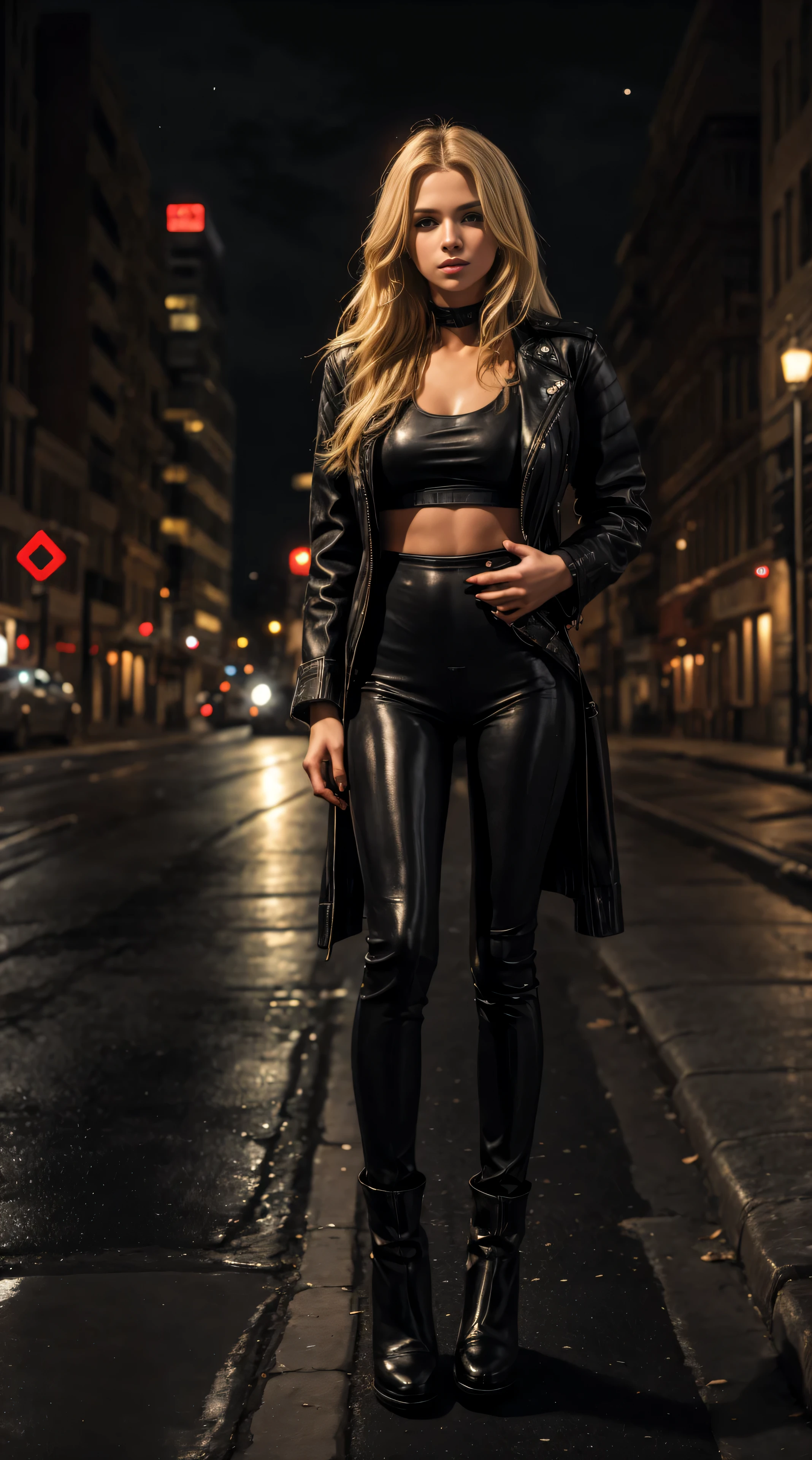 a beautiful long haired blonde young woman is standing on a street corner at night staring at the camera, she is wearing a black leather jacket and skintight black leather leggings and ankle boots