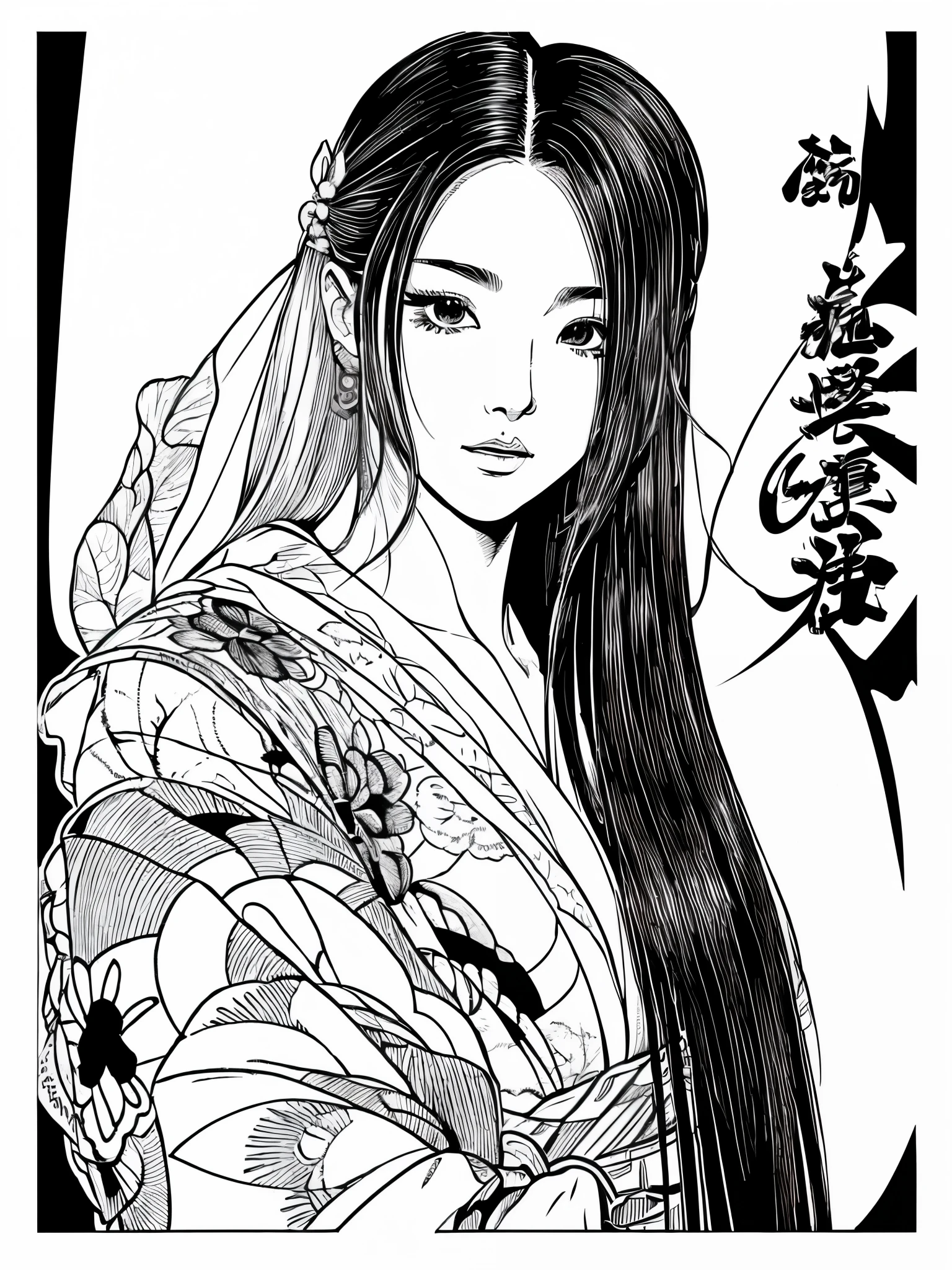 8K、master piece、highest quality、highest level、Highest image quality、Draw with black ink on white paper、ink style drawing、black and white、Pen strokes are very detailed and dynamic、Expressing shading with precise lines、delicate and accurate expression、modern art、stroke style、Artistic expression、great technique、((Kyoto, Japan、beautiful maiko))、